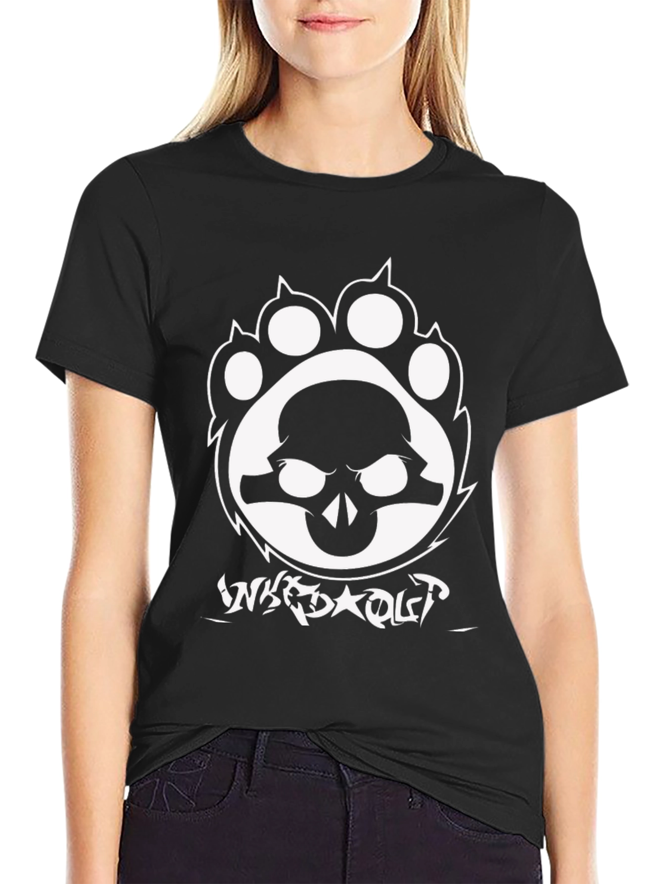 Black Skull Paw Graphic Tee - Black Crew Neck Cotton T-Shirt view 2