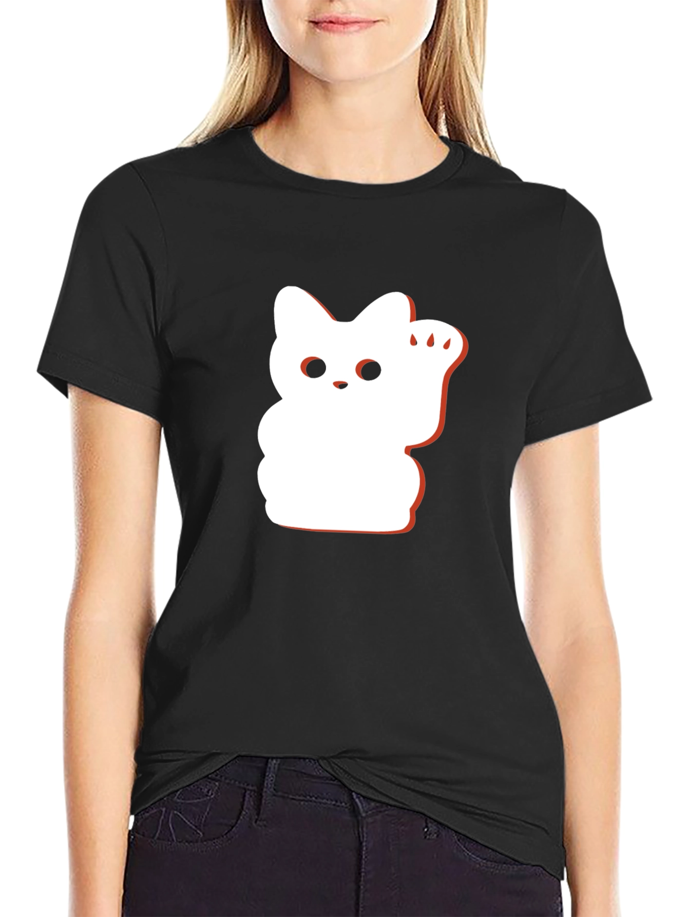 Black Lucky Cat Graphic Tee - Black Cotton Blend view 2