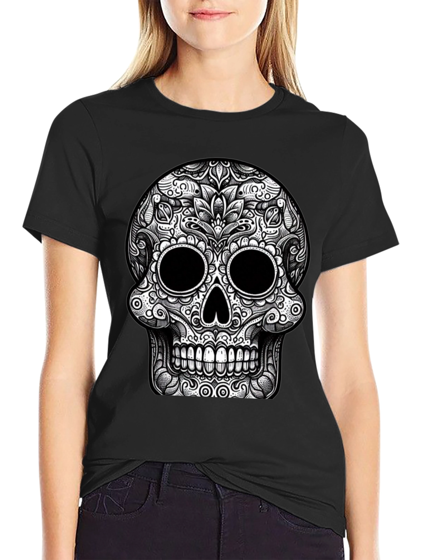 Black Skull Graphic Tee - Black Cotton T-Shirt view 2