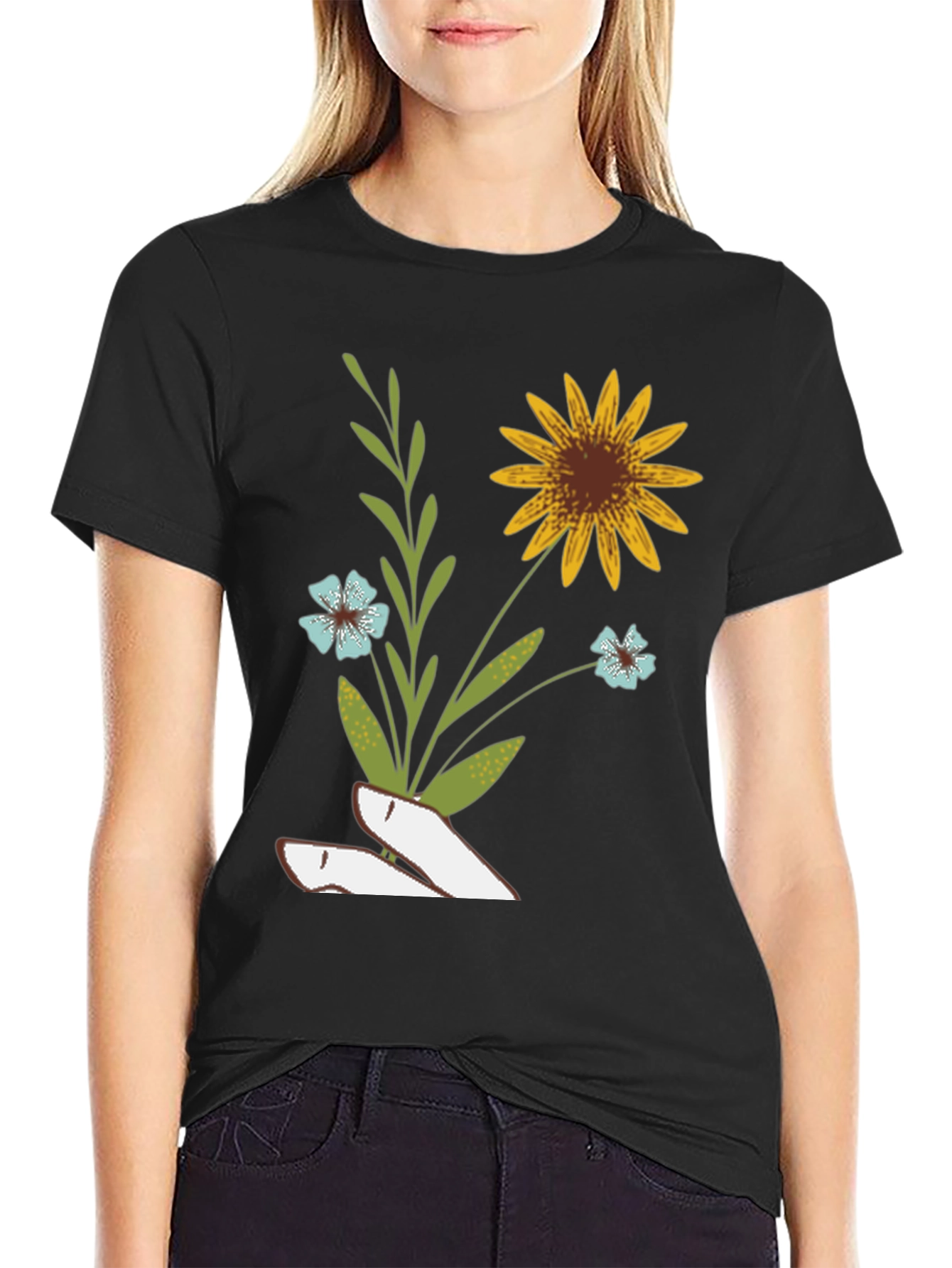 Black Floral Graphic Print T-Shirt - Black view 2