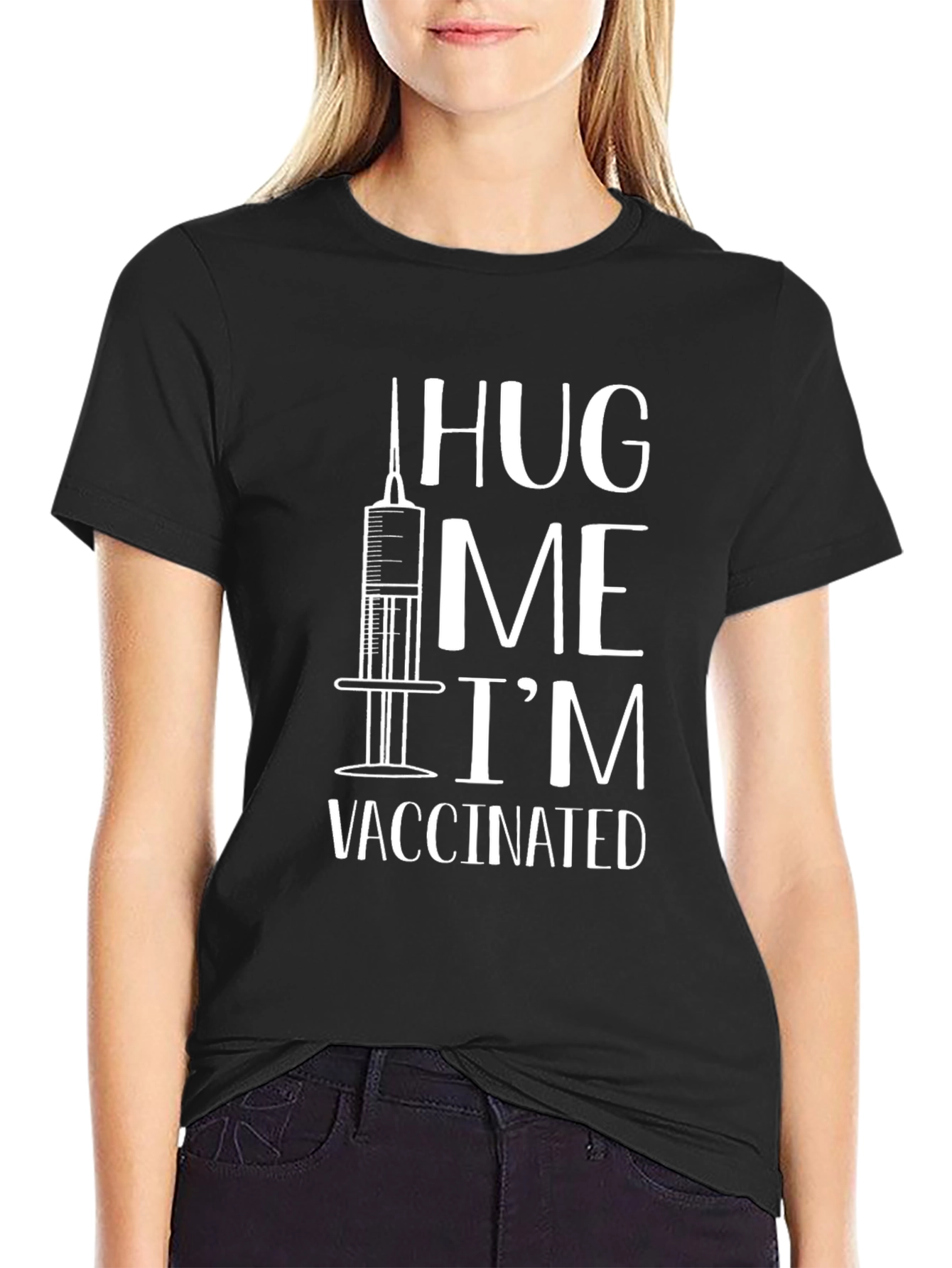 Black Hug Me I'm Vaccinated Novelty T-Shirt view 2