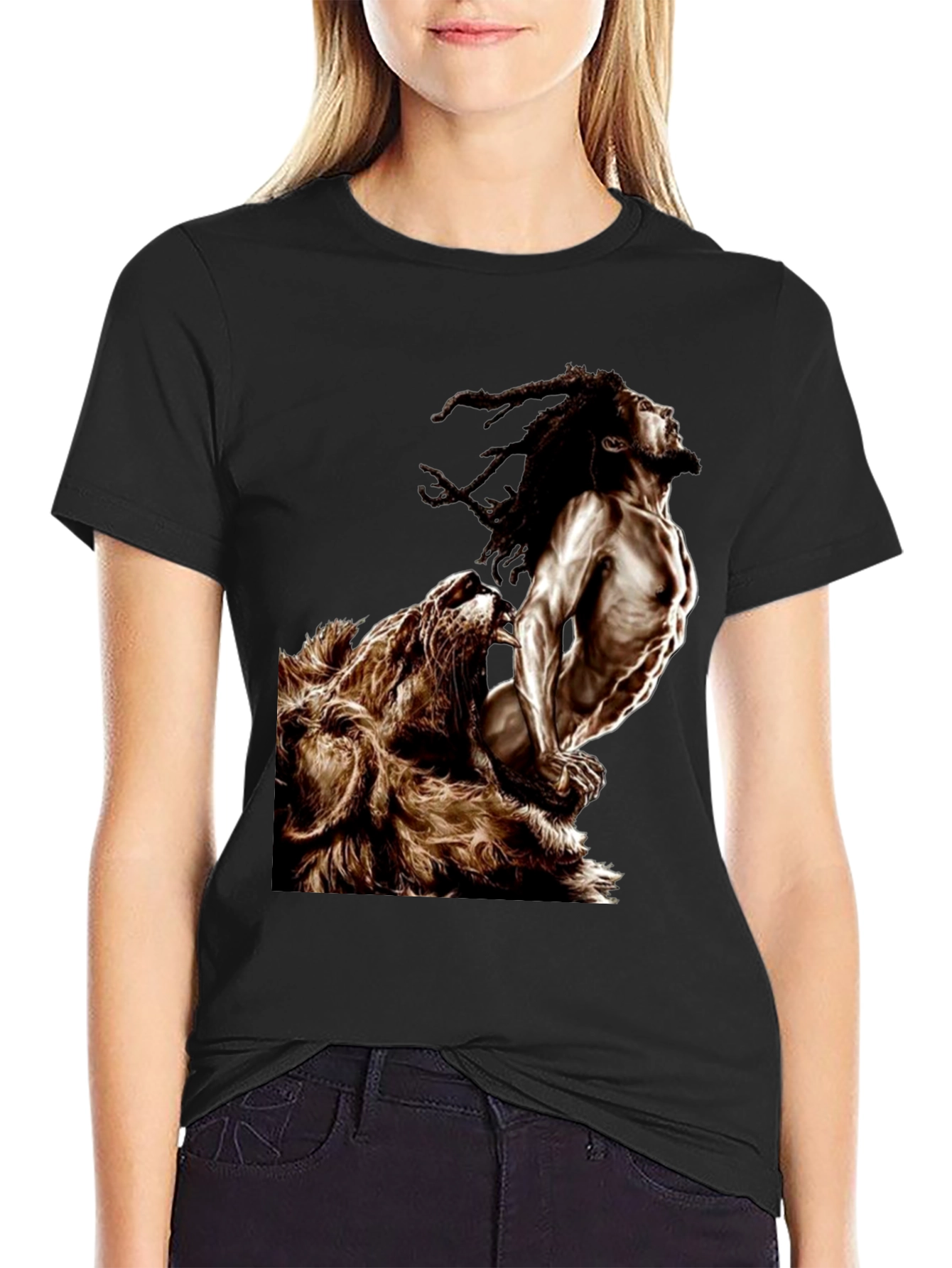 Black Lion & Rasta Graphic T-Shirt - Men's Black Tee view 2