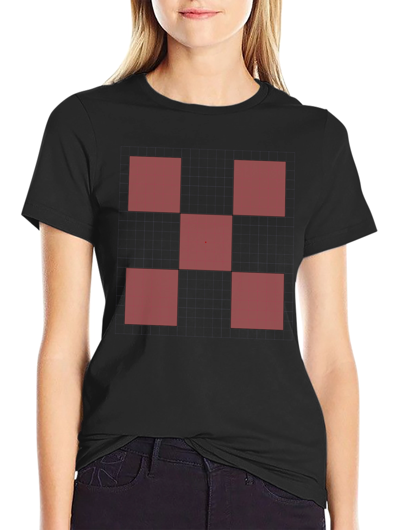 Black Geometric Red Square Pattern Black T-Shirt view 2