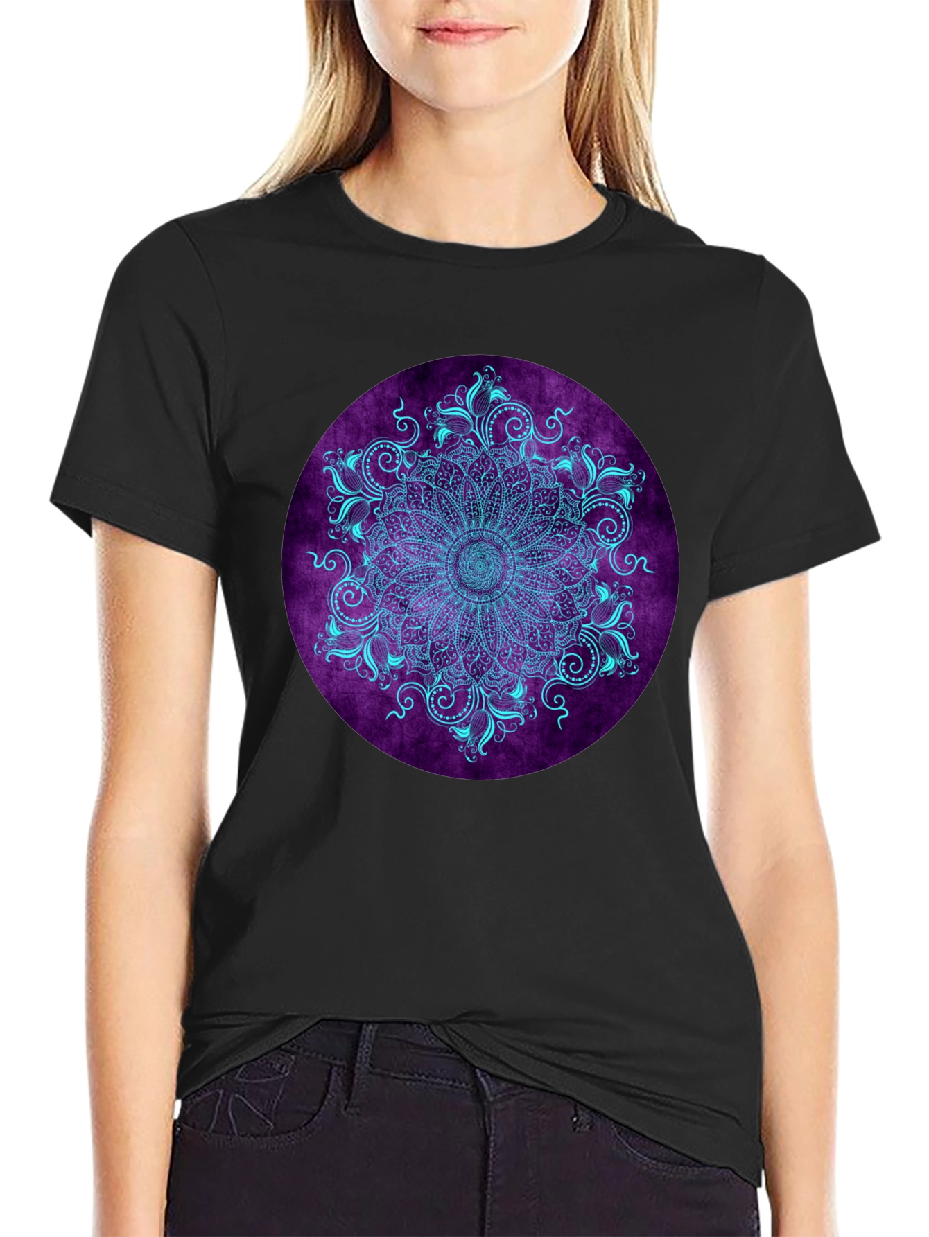 Black Mandala Print Black T-Shirt view 2
