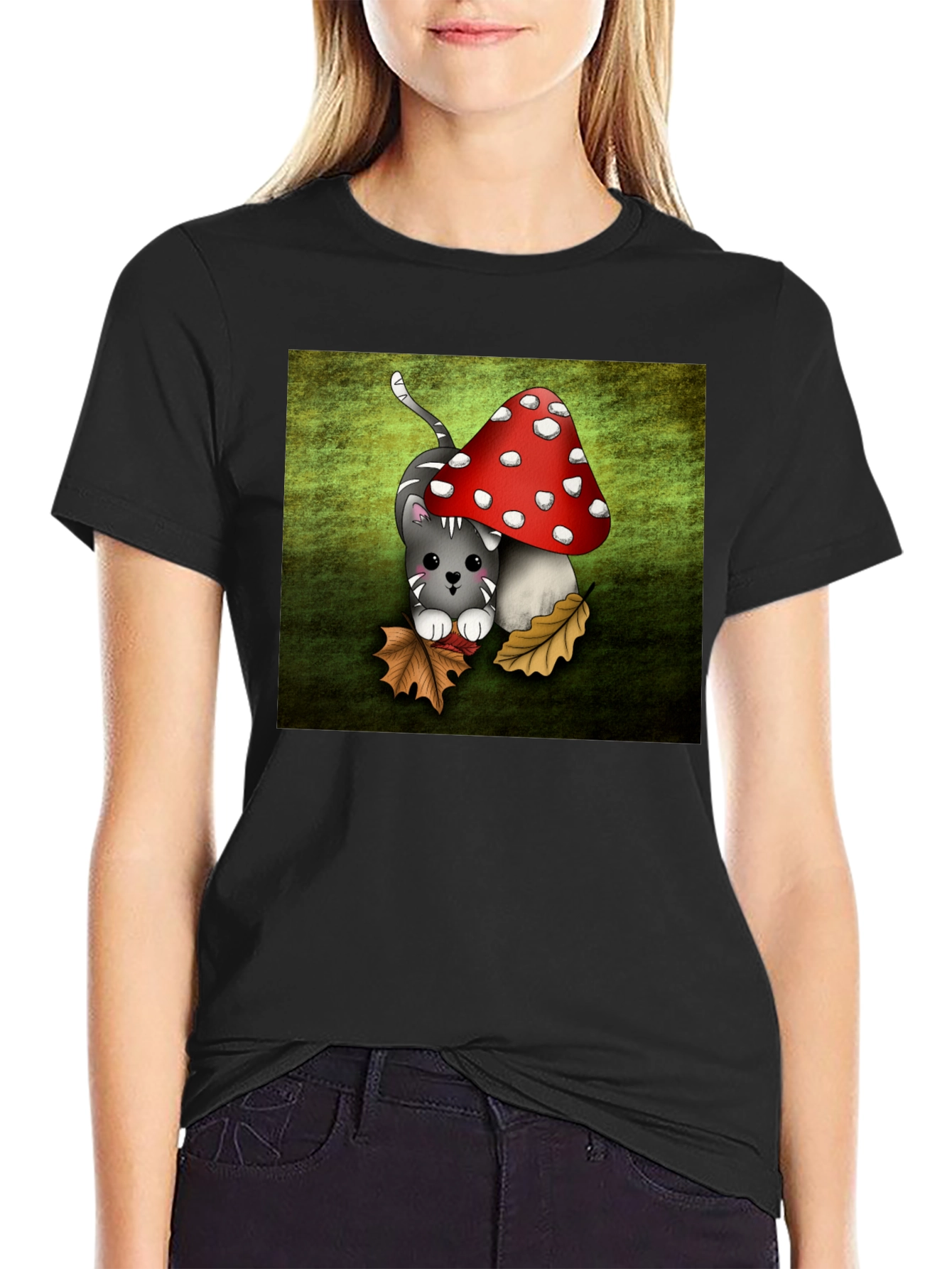 Black Cute Cartoon Cat and Mushroom Graphic T-Shirt view 2