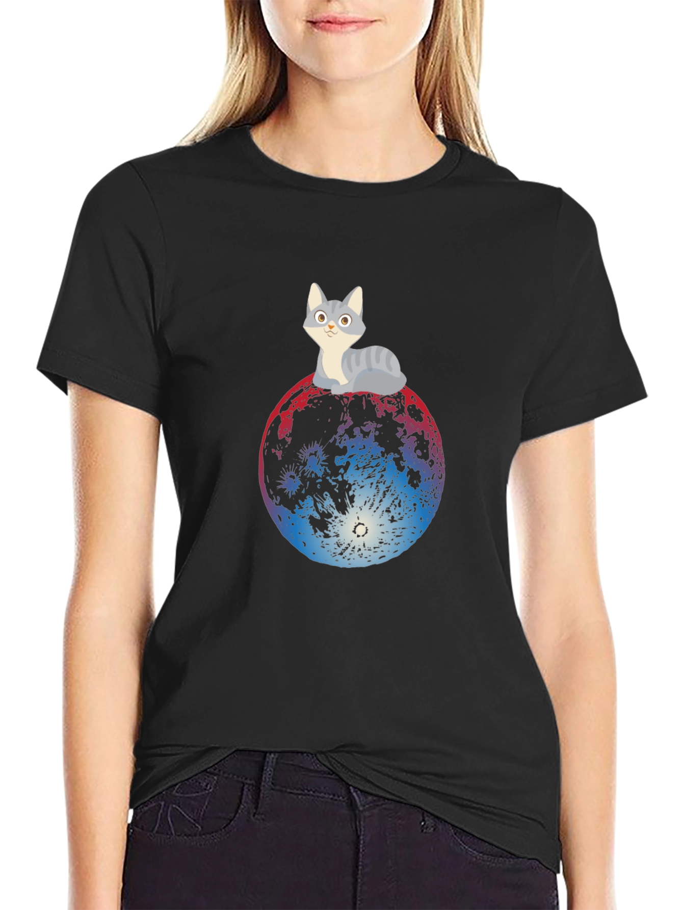 Black Cat on Moon Graphic Tee - Black T-Shirt view 2