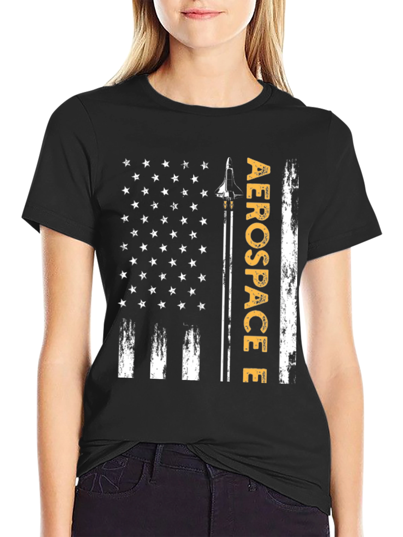 Black Aerospace Flag Graphic T-Shirt - Patriotic Design view 2