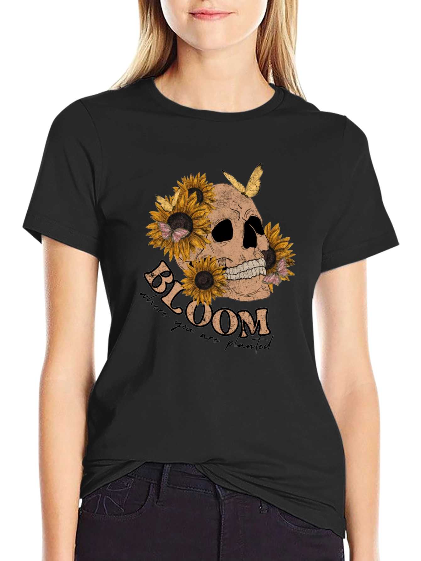 Black Skull & Sunflower Graphic T-Shirt view 2