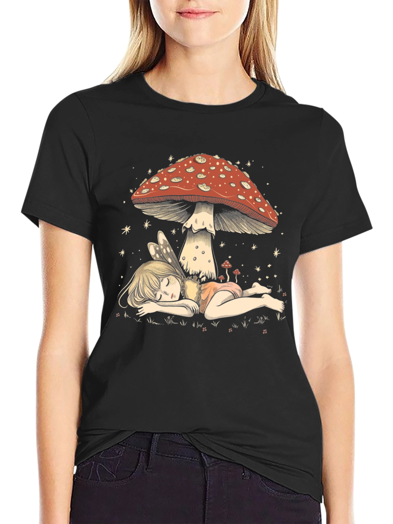 Black Whimsical Mushroom Fairy Graphic Tee view 2