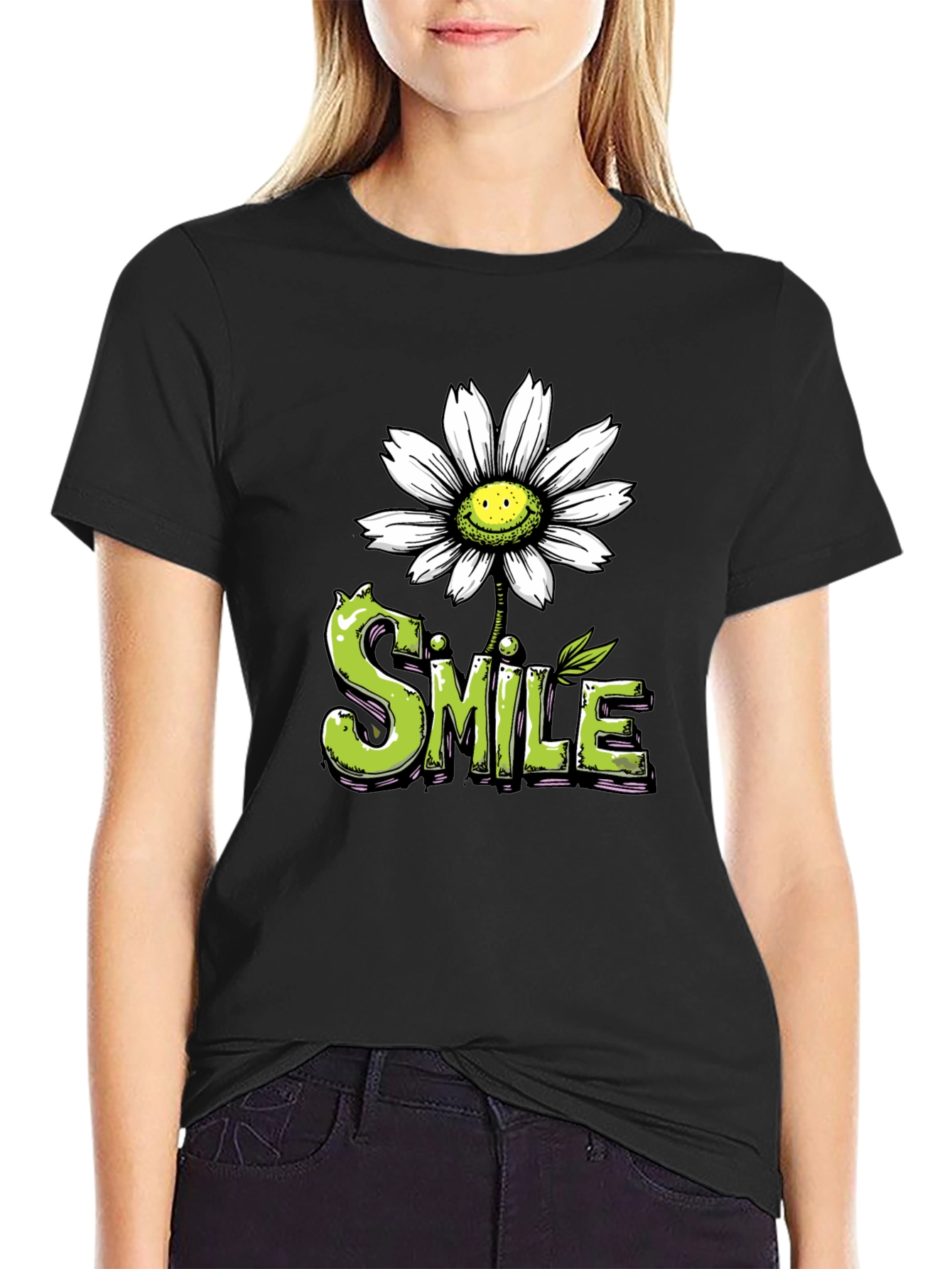 Black Smile Daisy Graphic Tee - Positive Vibes Shirt view 2