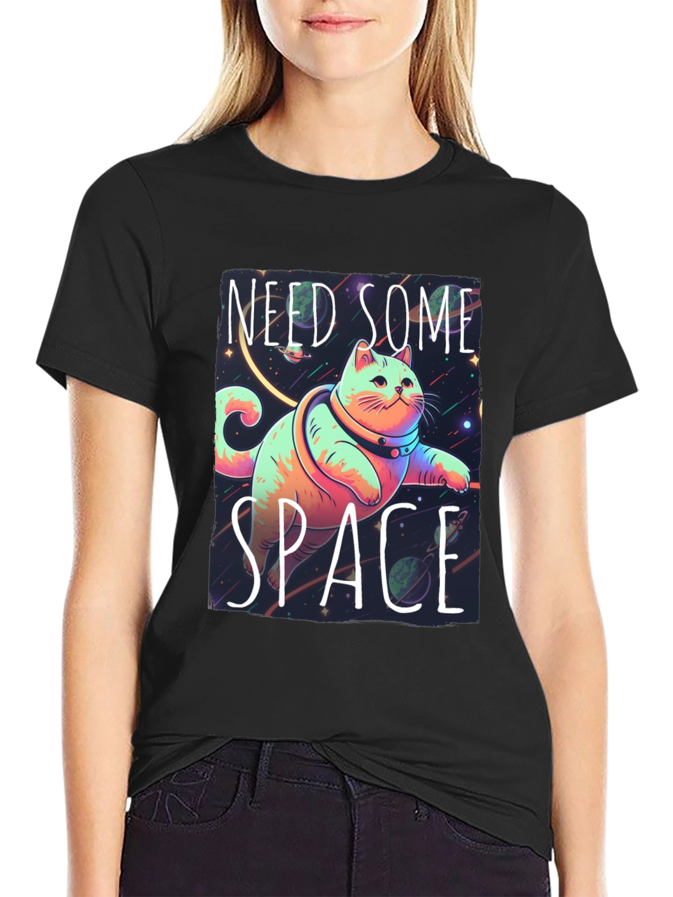Black Need Some Space Cat Graphic Tee - Black view 2