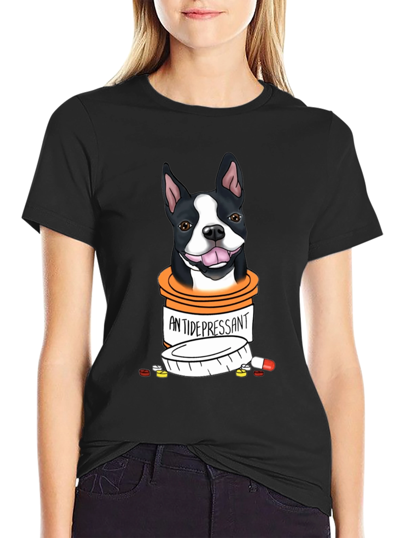 Black Dog Antidepressant T-Shirt - Cute Boston Terrier Graphic Tee view 2