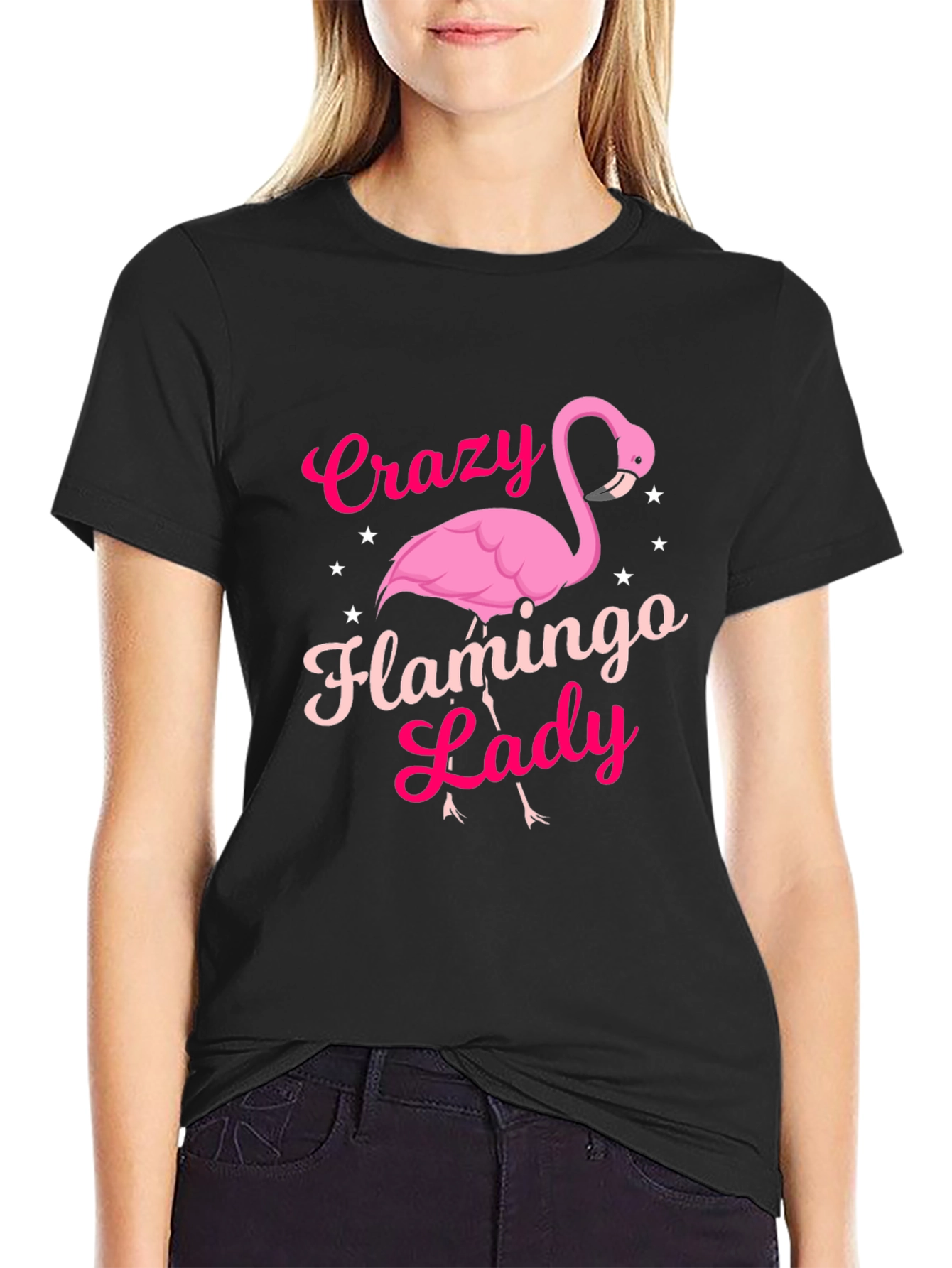 Black Crazy Flamingo Lady T-Shirt - Novelty Graphic Tee view 2