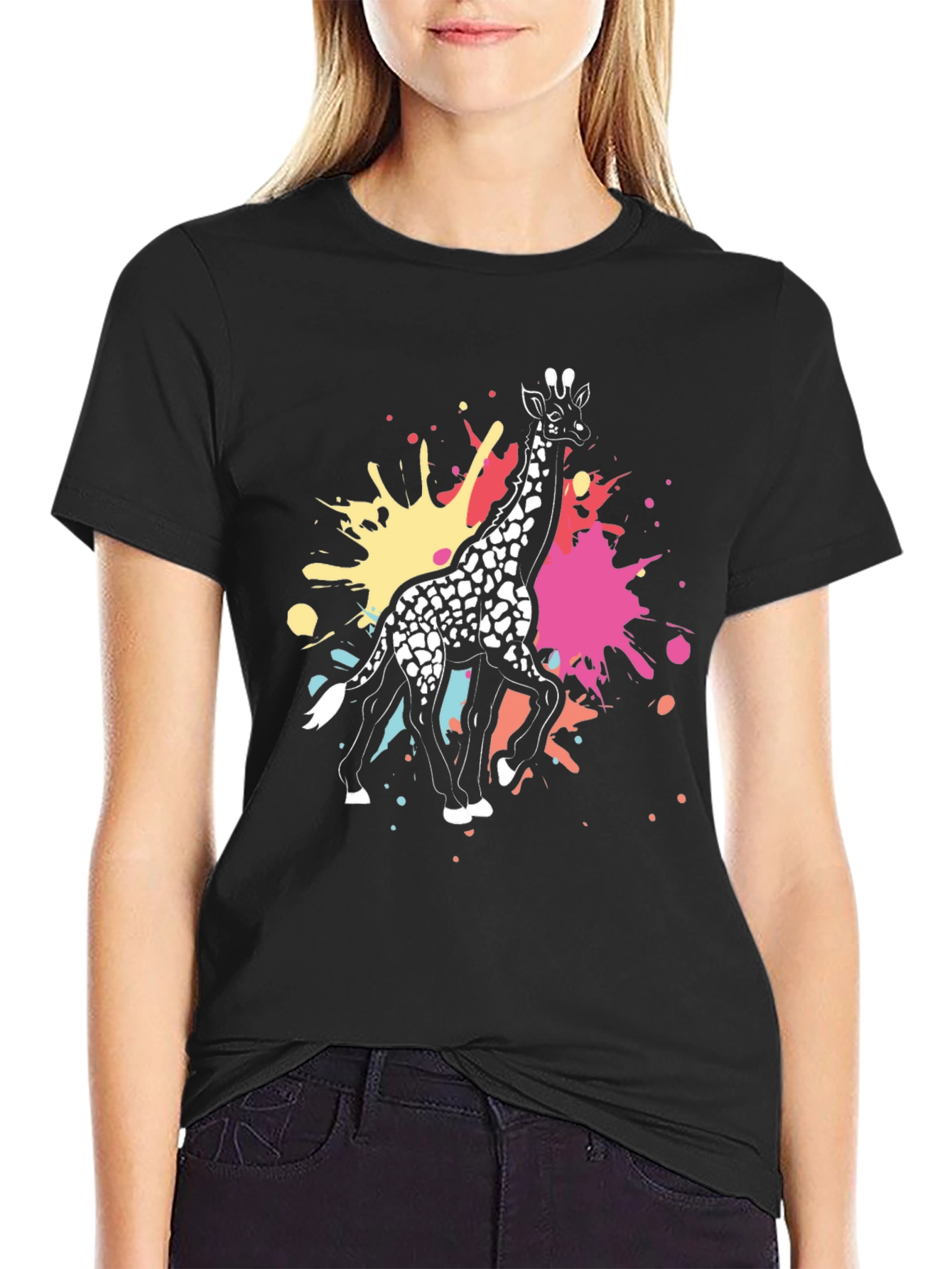 Black Giraffe Splatter Graphic Tee - Black Cotton Shirt view 2