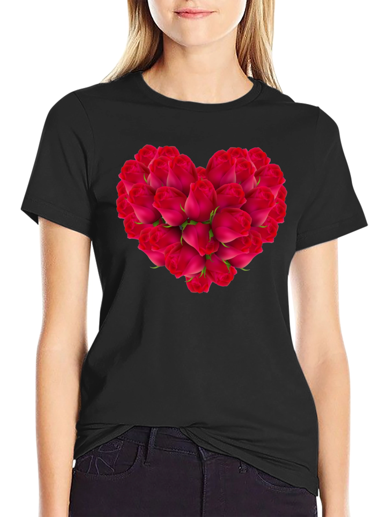 Black Rose Heart Black T-Shirt - Romantic Floral Tee view 2