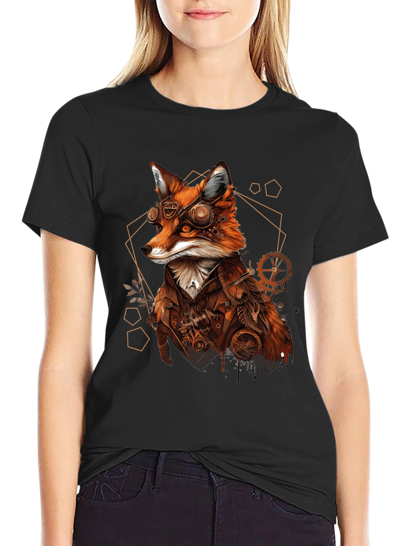 Black Steampunk Fox Graphic Tee - Unique Animal Design view 2