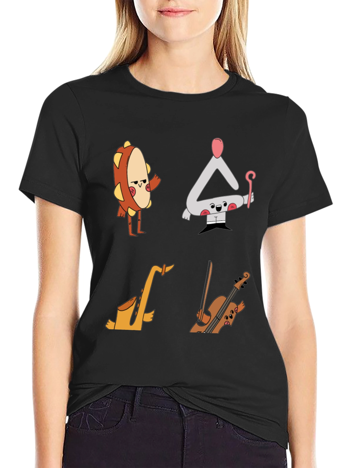 Black Musical Instrument Cartoon T-Shirt - Black view 2