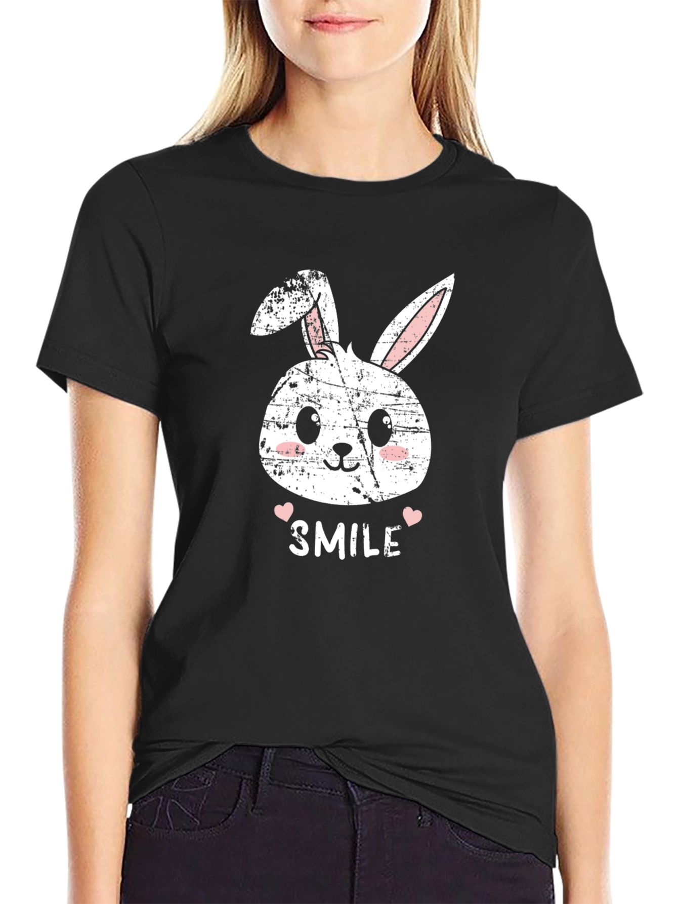 Black Cute Bunny Smile Black T-Shirt view 2