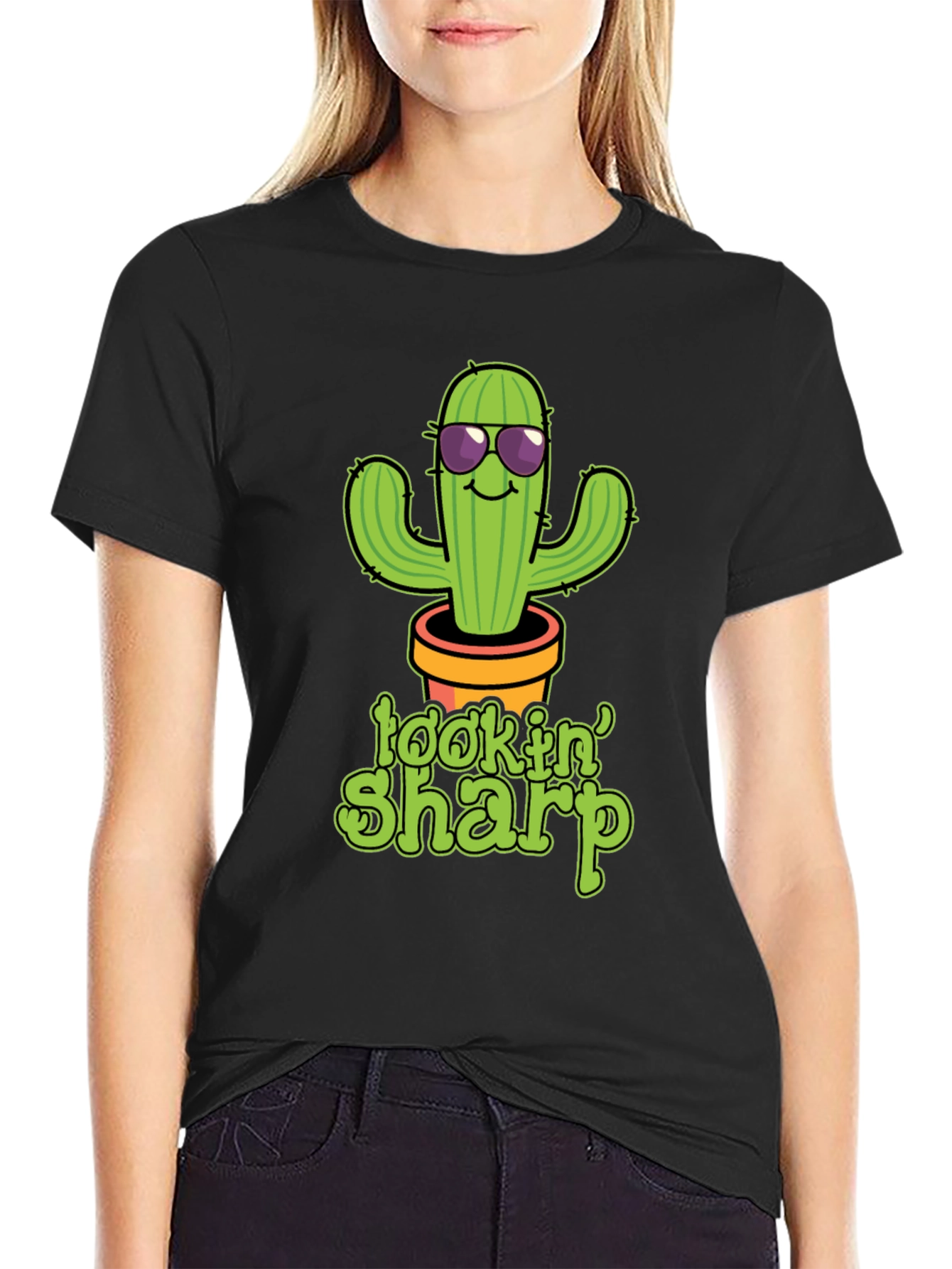 Black Lookin' Sharp Cactus Graphic T-Shirt - Funny Potted Plant Tee view 2