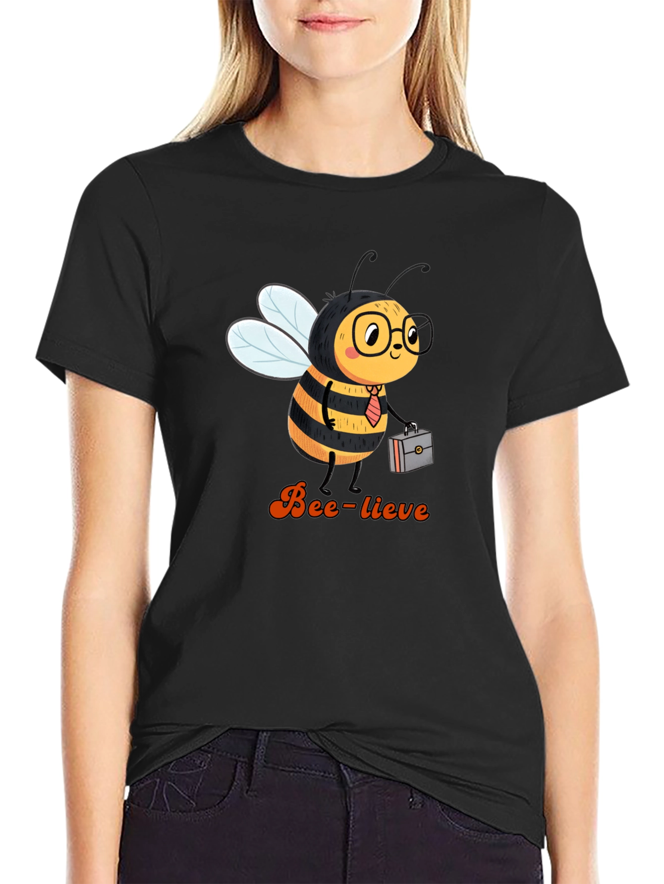 Black Bee-lieve Graphic Tee - Black Cotton T-Shirt view 2