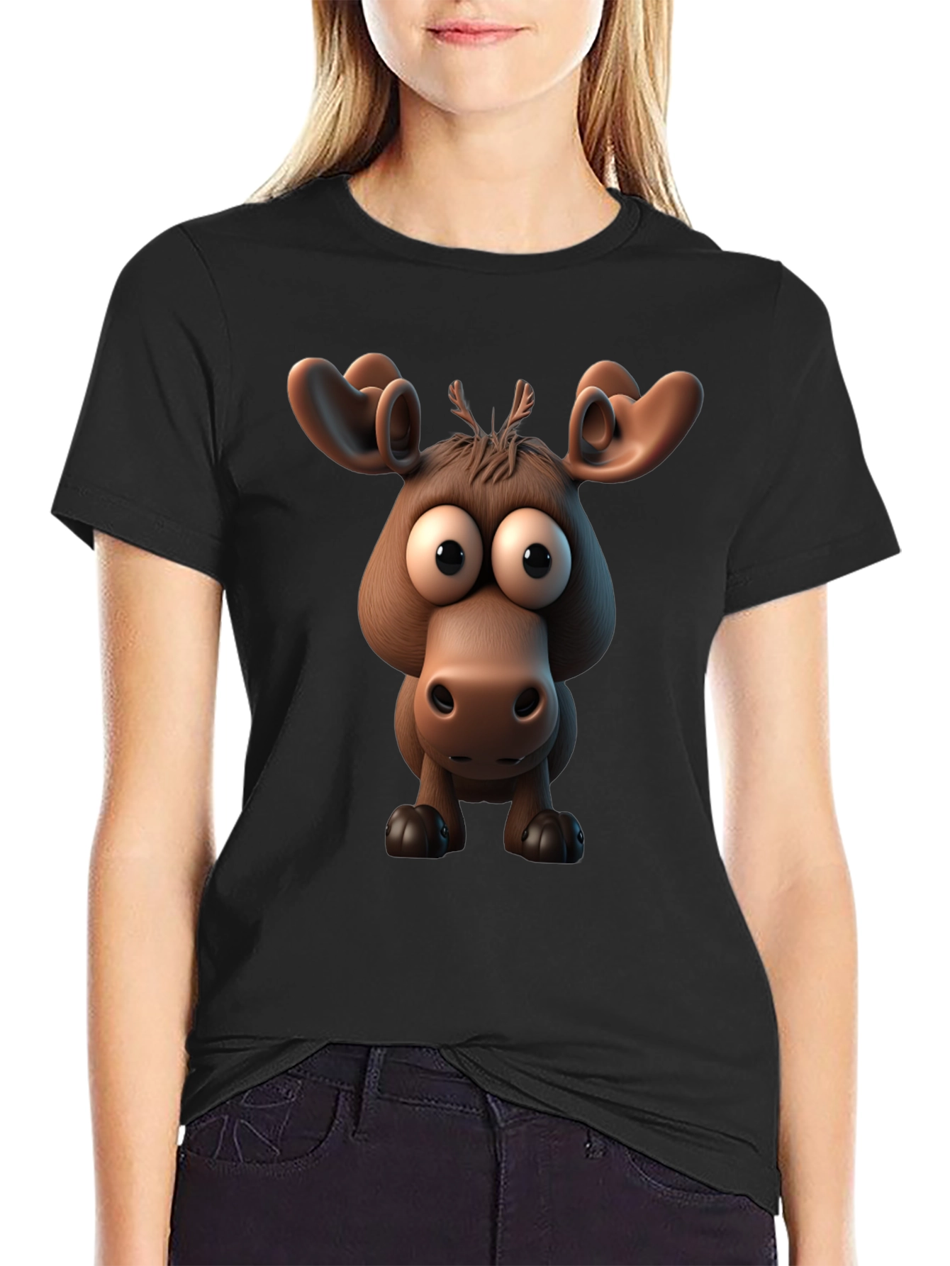 Black Funny Cartoon Moose Black T-Shirt view 2