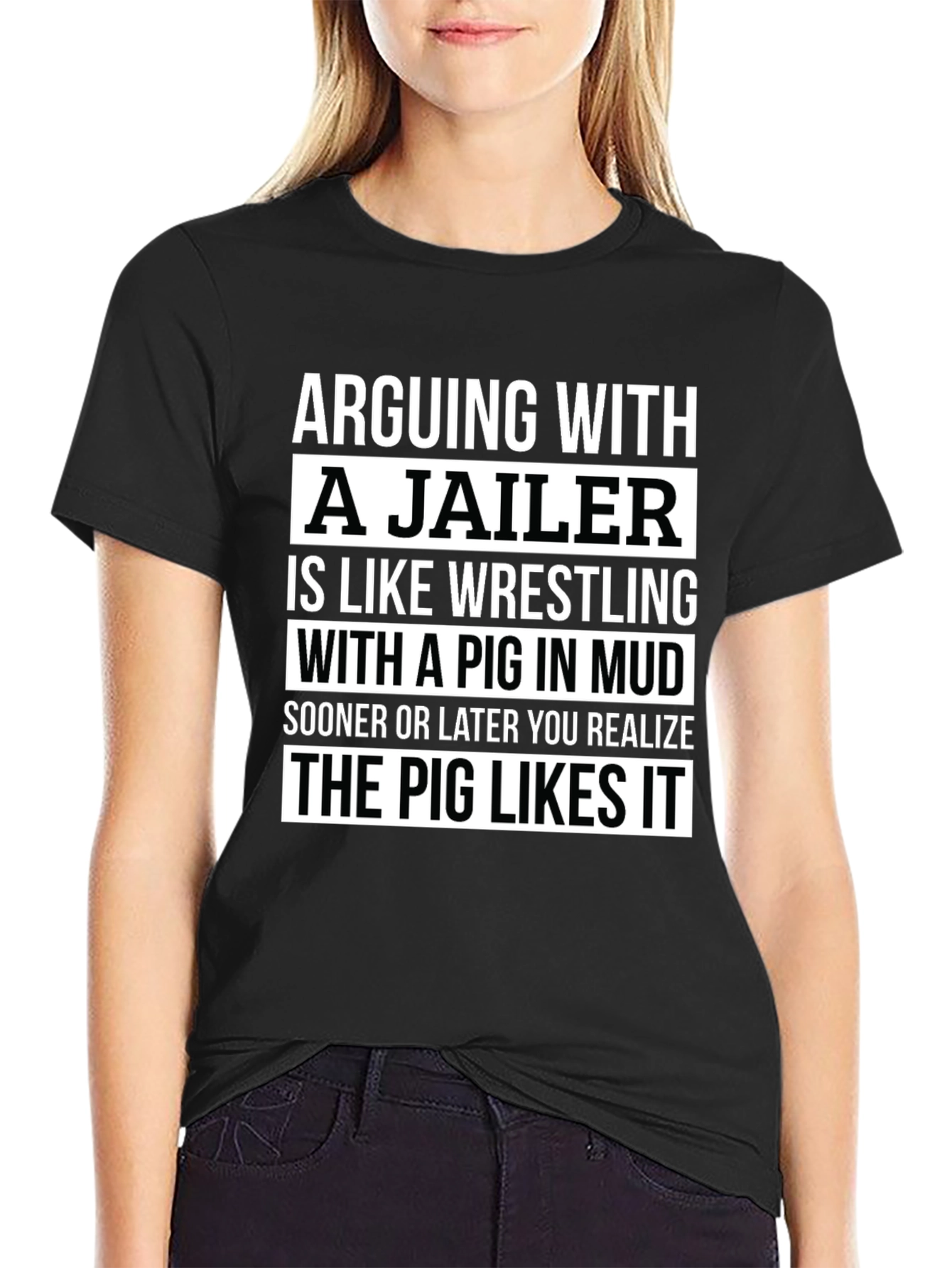 Black Arguing with a Jailer T-Shirt Funny Pig in Mud Tee view 2