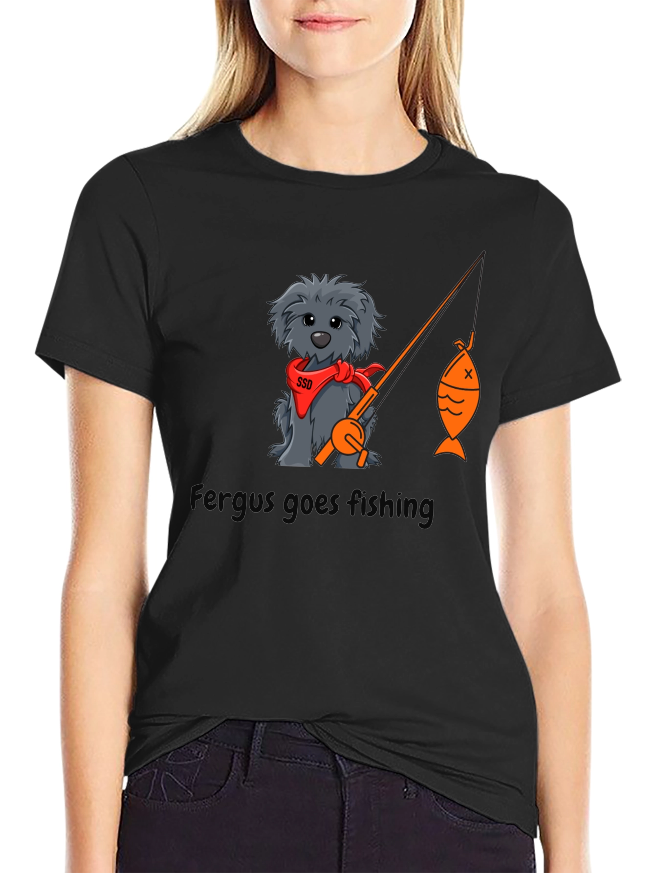 Black Fergus Goes Fishing Black T-Shirt view 2