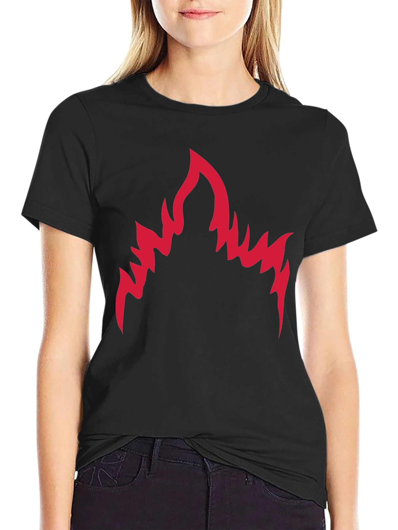 Black Men's Black T-Shirt with Red Flame Graphic view 2