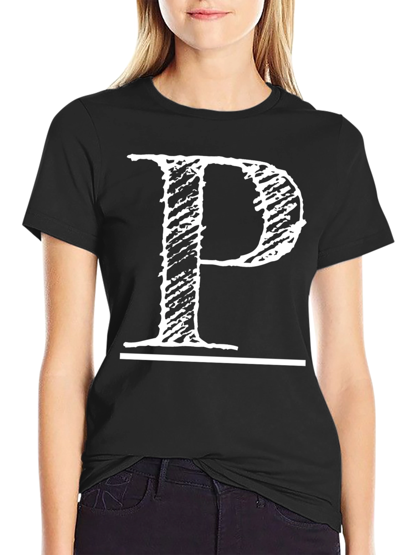 Black Black T-Shirt with Distressed White Letter "P" Design view 2