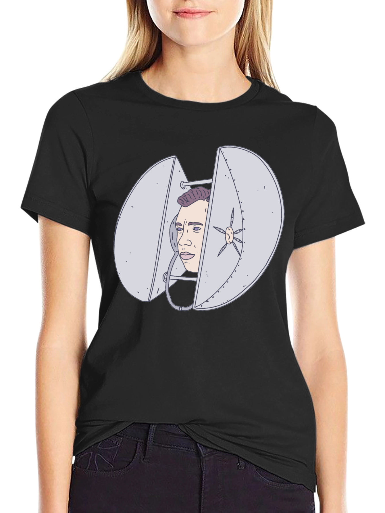 Black Humorous Black T-Shirt with Illustrated Egg Head Design view 2