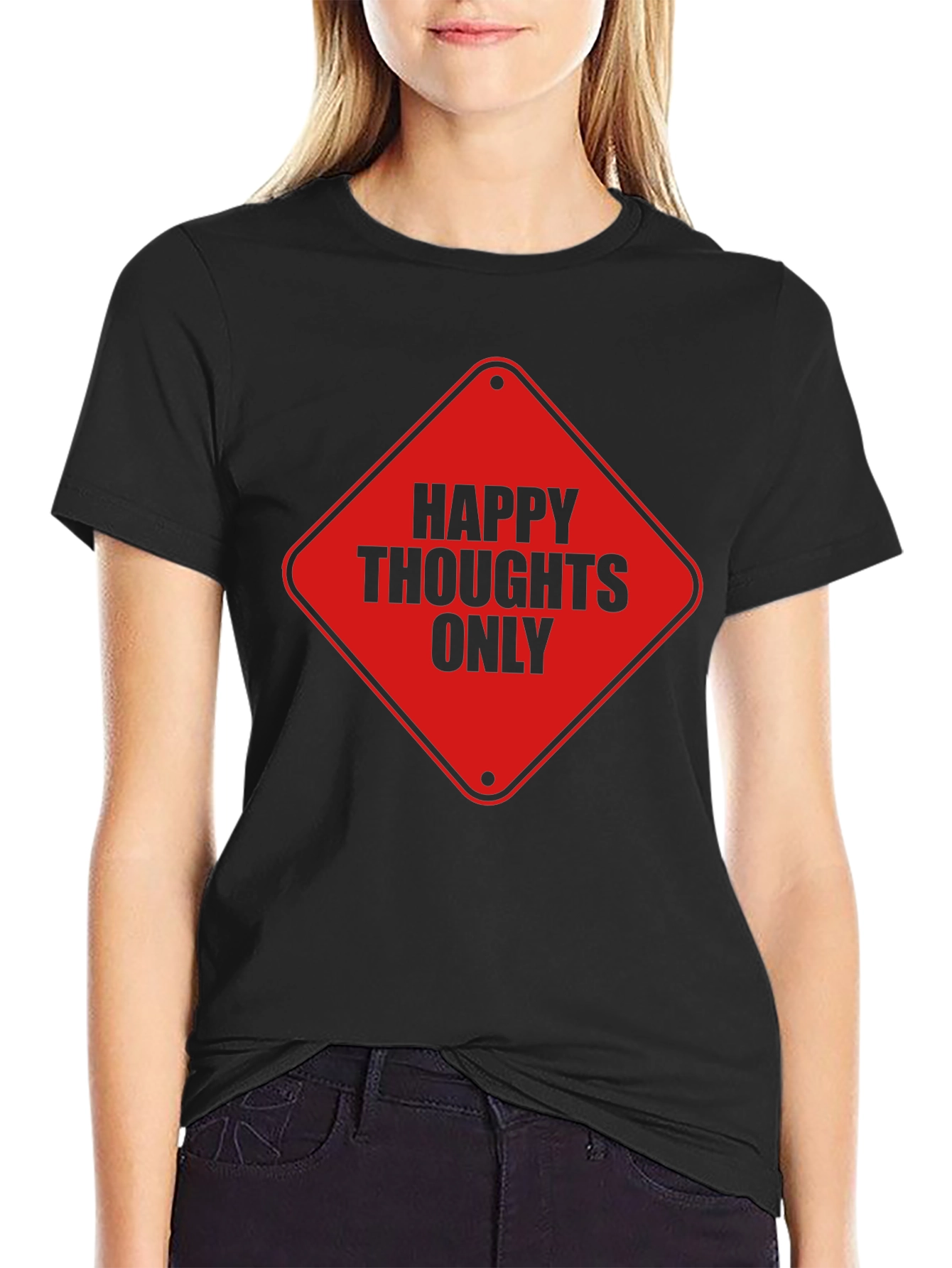 Black Happy Thoughts Only Graphic Tee - Black Cotton T-Shirt view 2