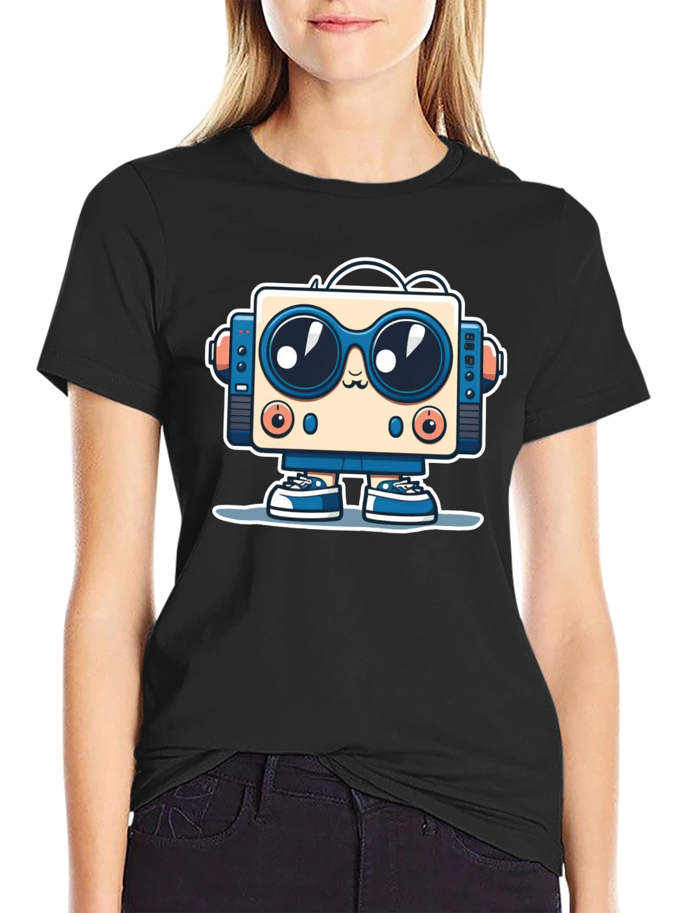 Black Fun Robot Graphic Tee - Black Cotton Shirt view 2