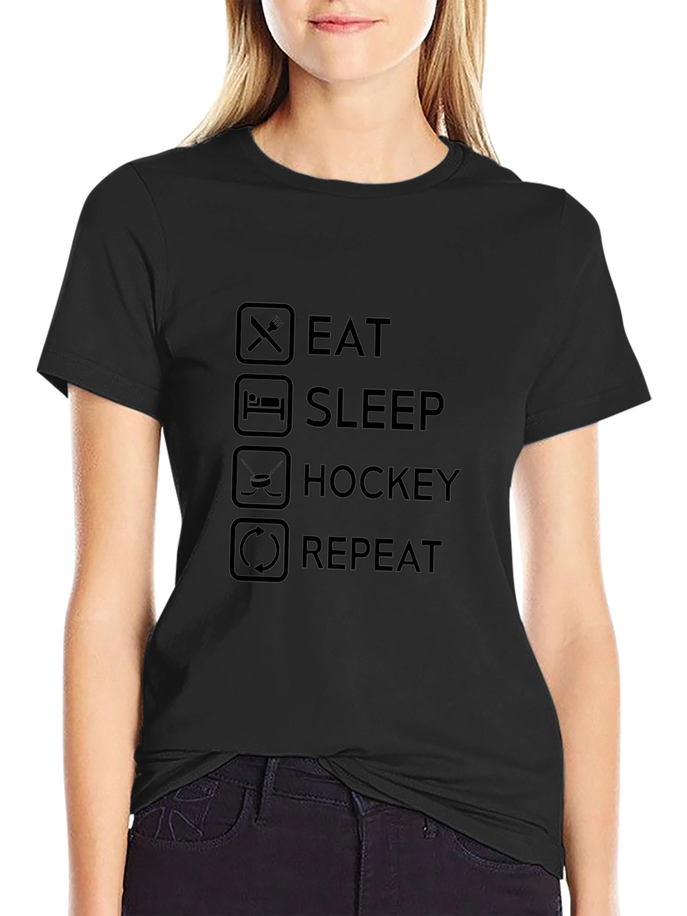 Black Eat Sleep Hockey Repeat Black Graphic Tee view 2