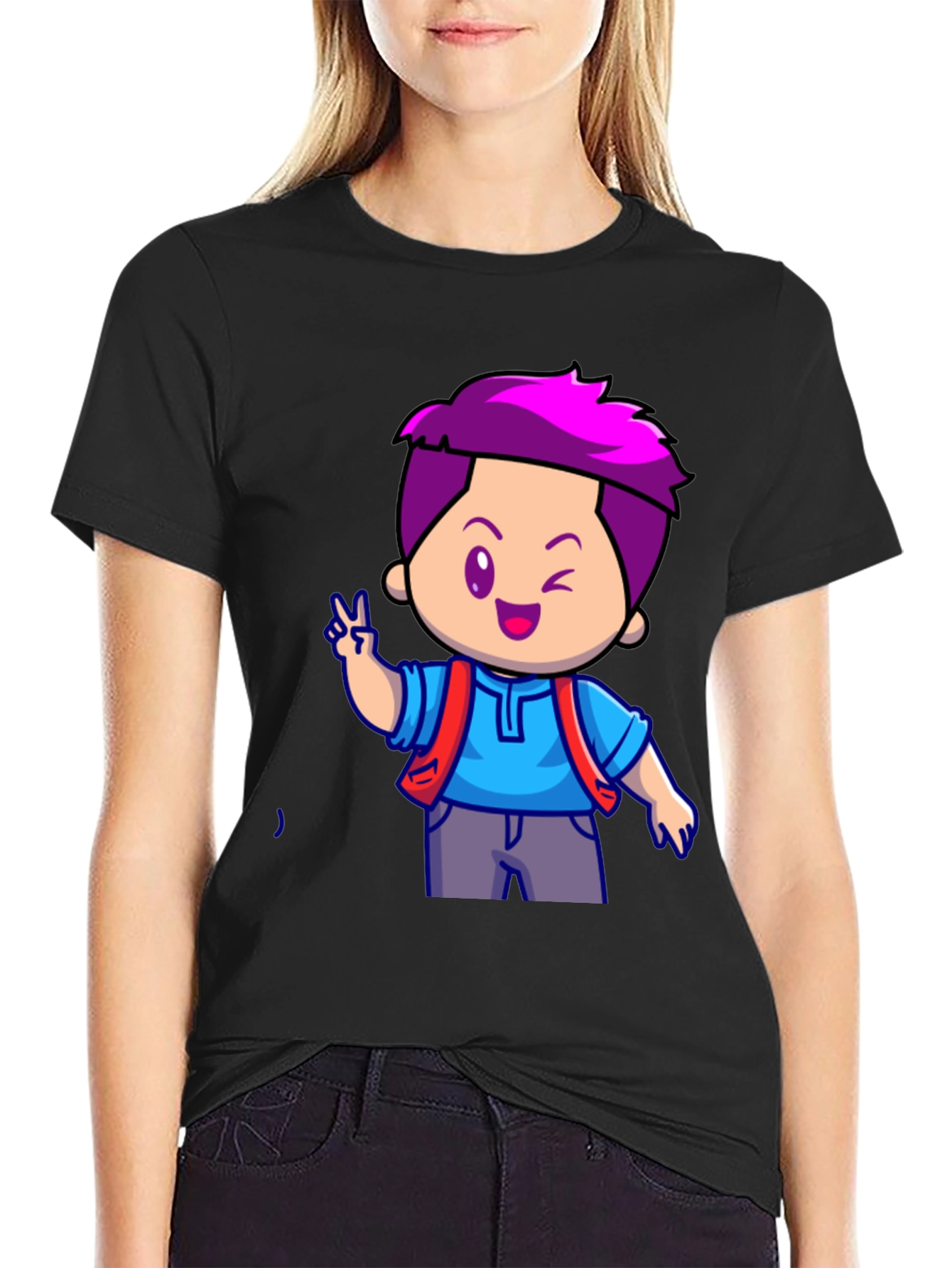 Black Cartoon Boy Graphic T-Shirt - Black view 2