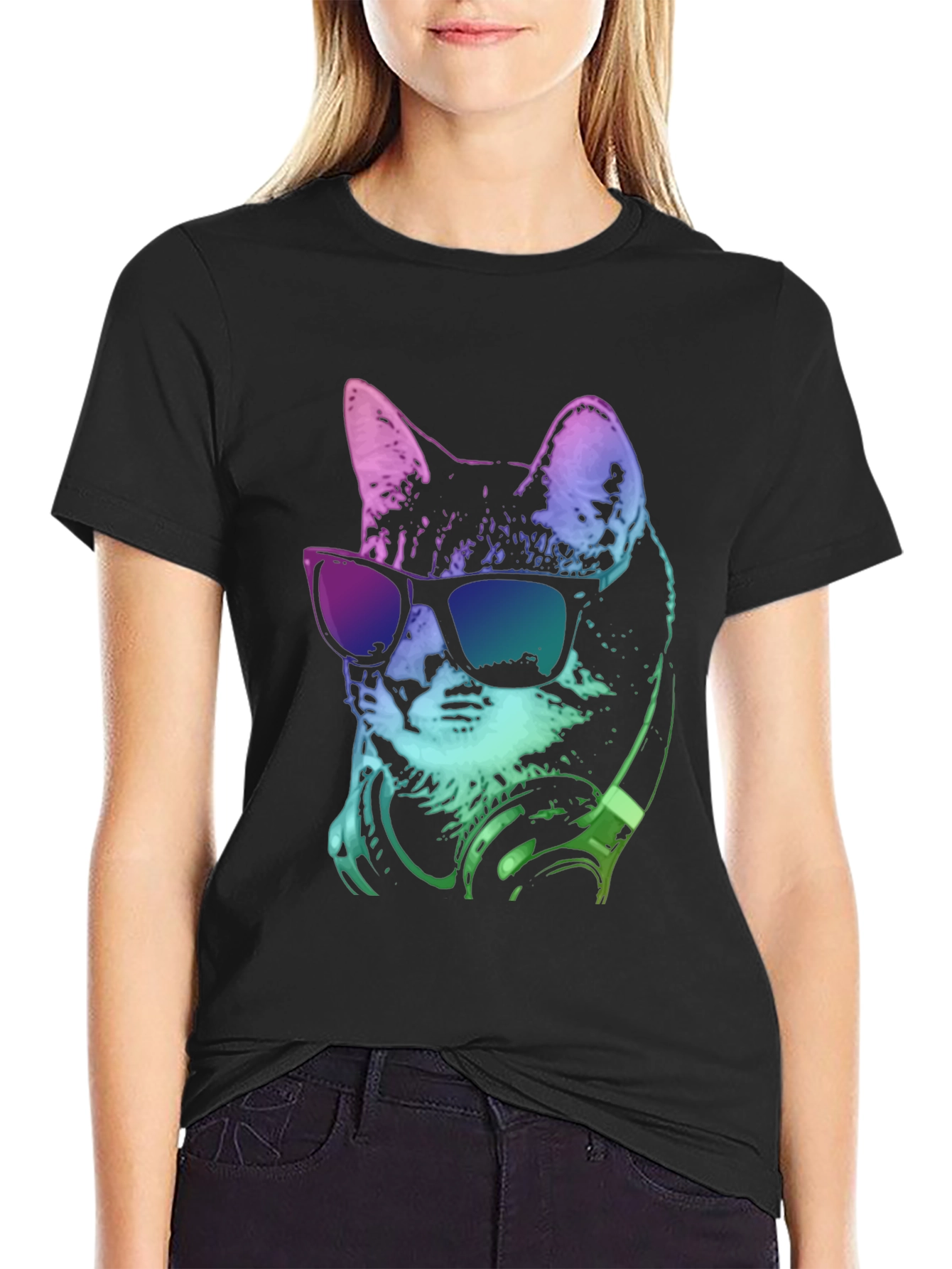 Black Cool Cat Tee: Stylish Graphic Print T-Shirt view 2