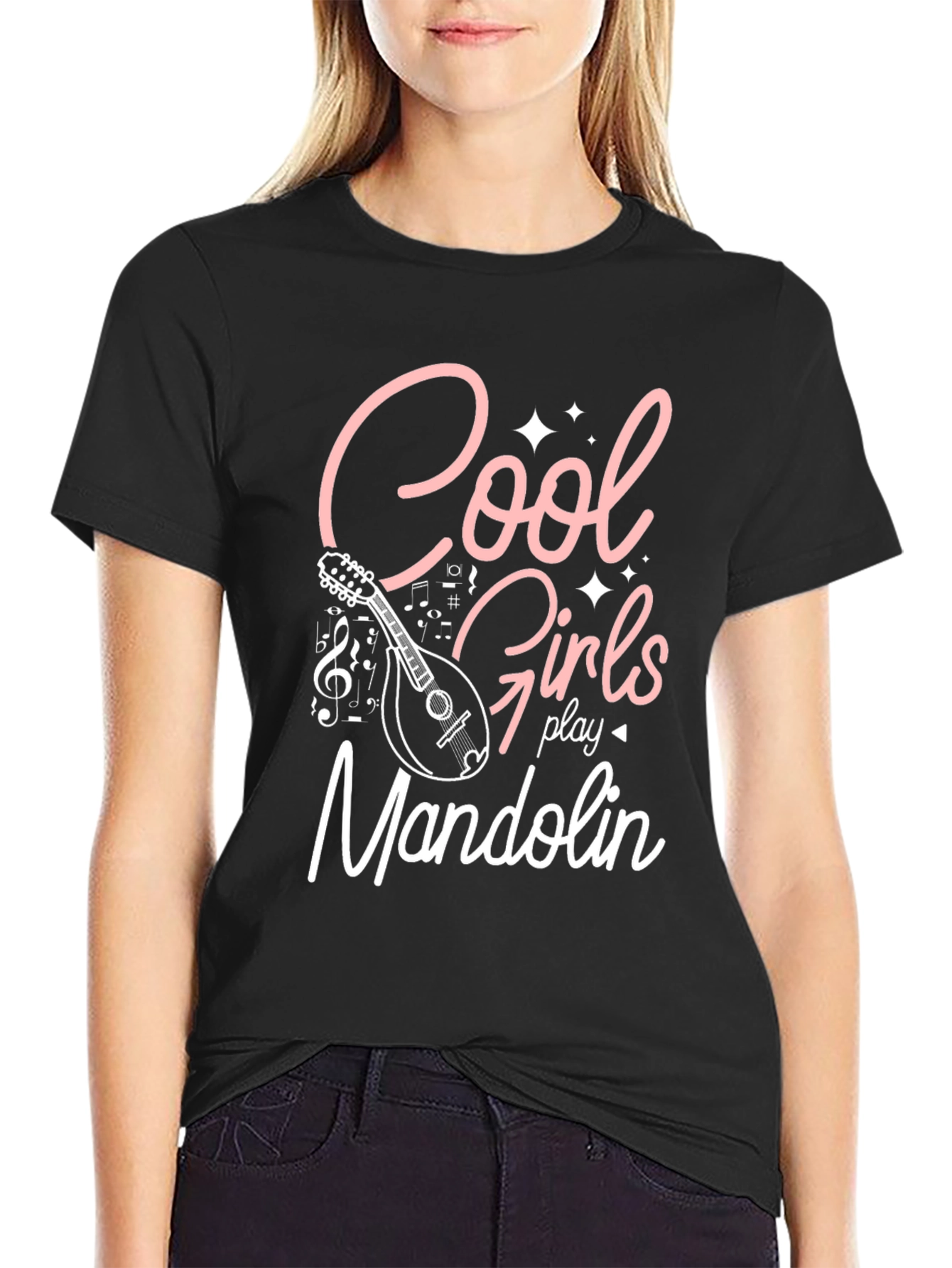 Black Cool Girls Play Mandolin Black Graphic Tee view 2