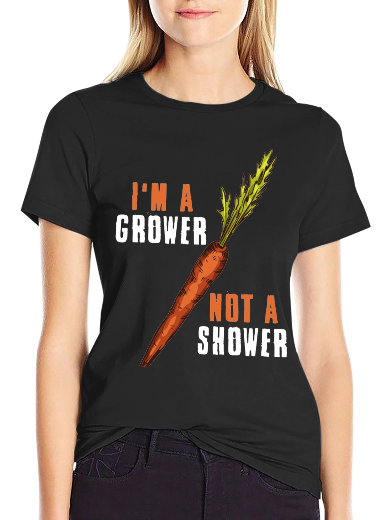 Black I'm a Grower Not a Shower Carrot Humor T-Shirt view 2