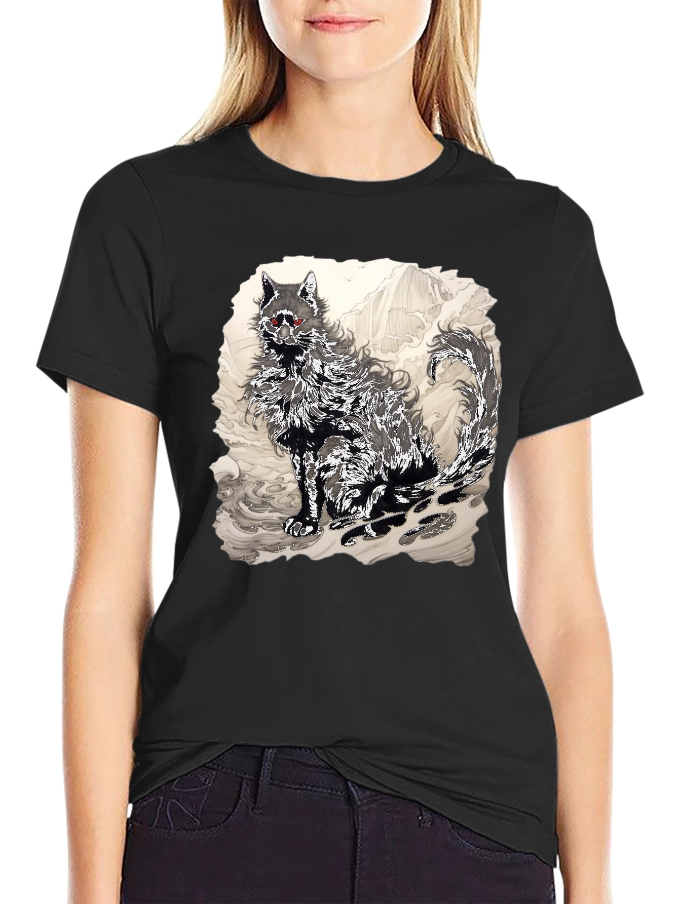 Black Black T-Shirt with Wolf Graphic view 2