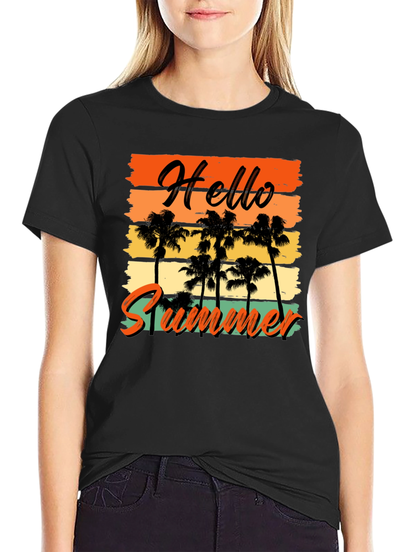 Black Hello Summer Graphic Tee - Black T-Shirt with Palm Trees view 2