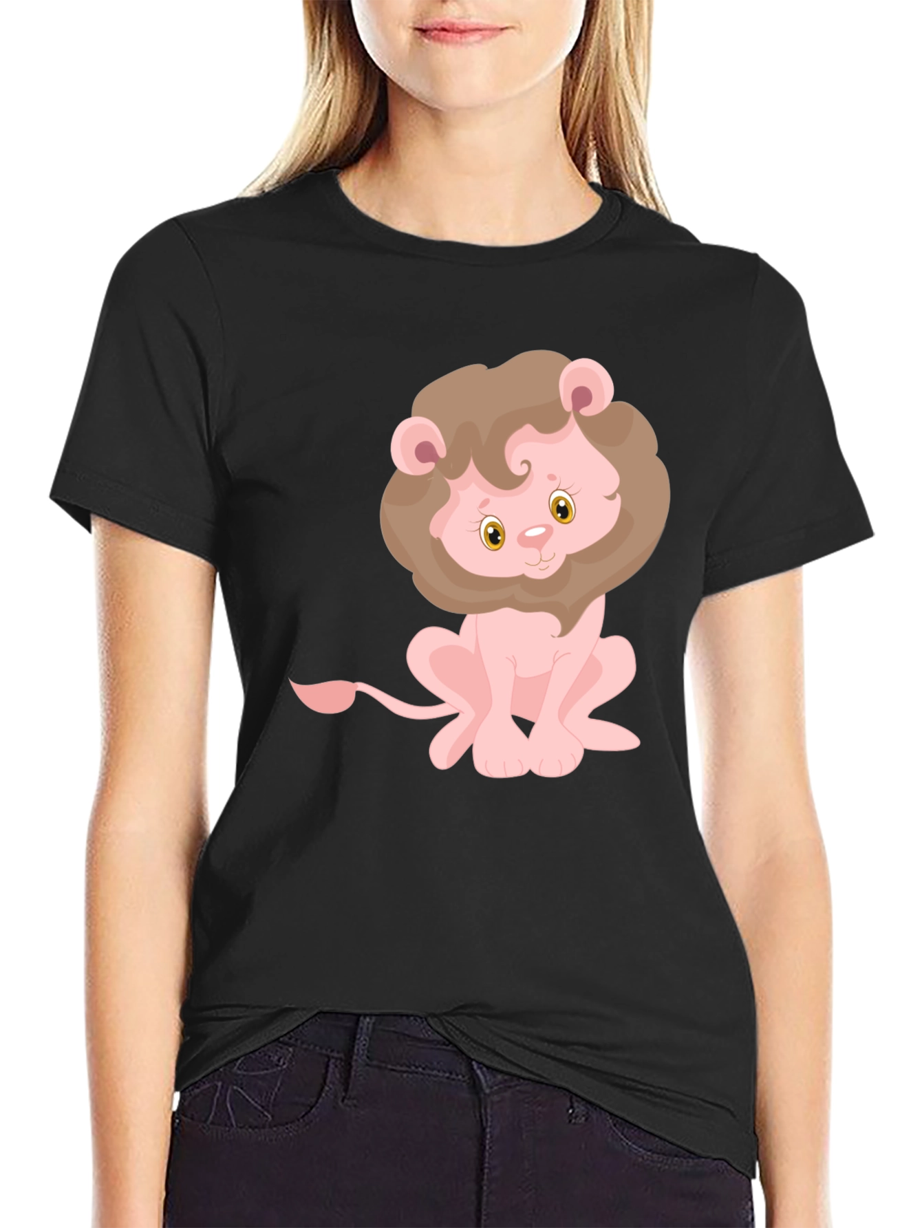 Black Cute Lion Graphic Tee - Black Cotton T-Shirt view 2