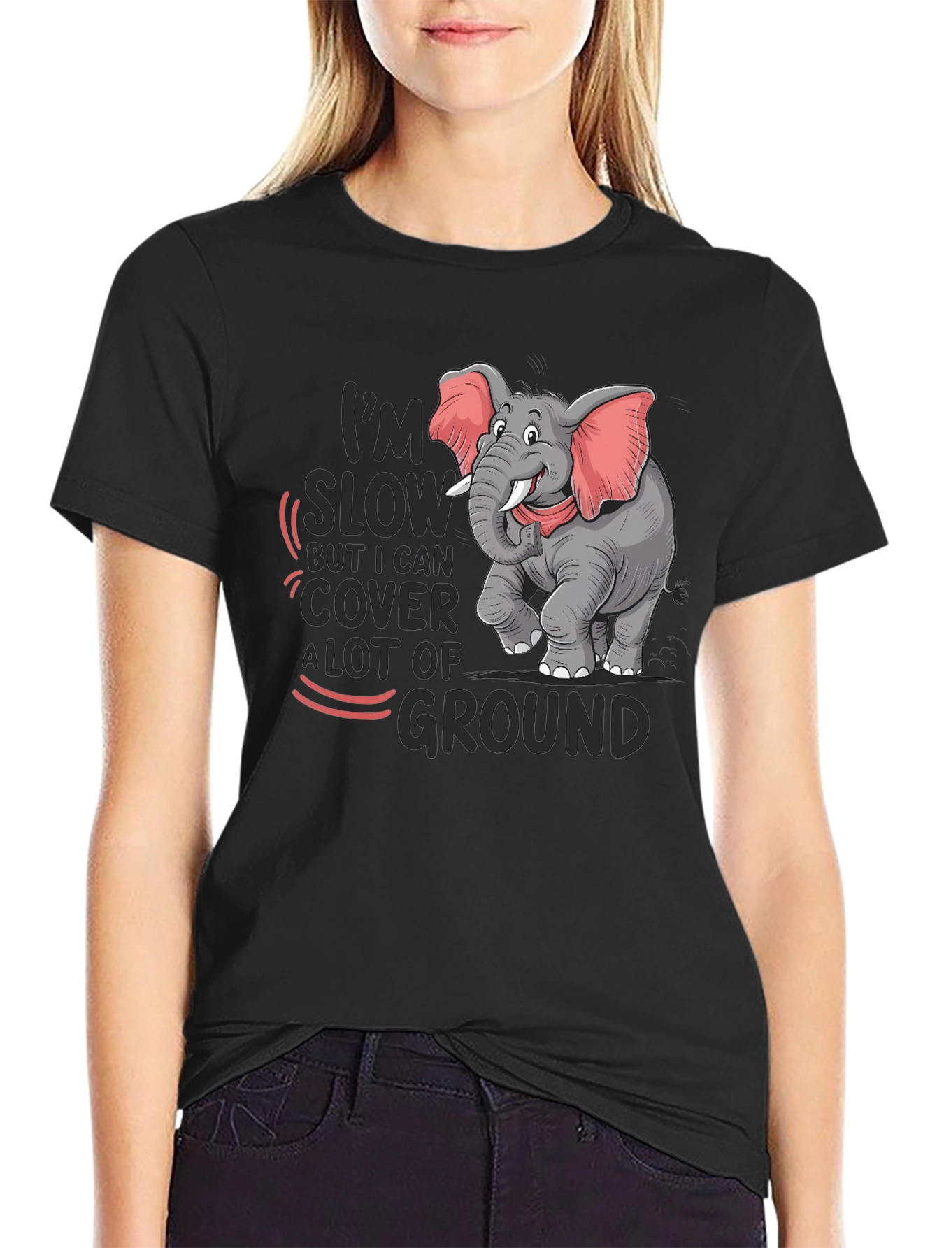 Black Elephant Humor T-Shirt: I'm Slow But Cover Ground view 2