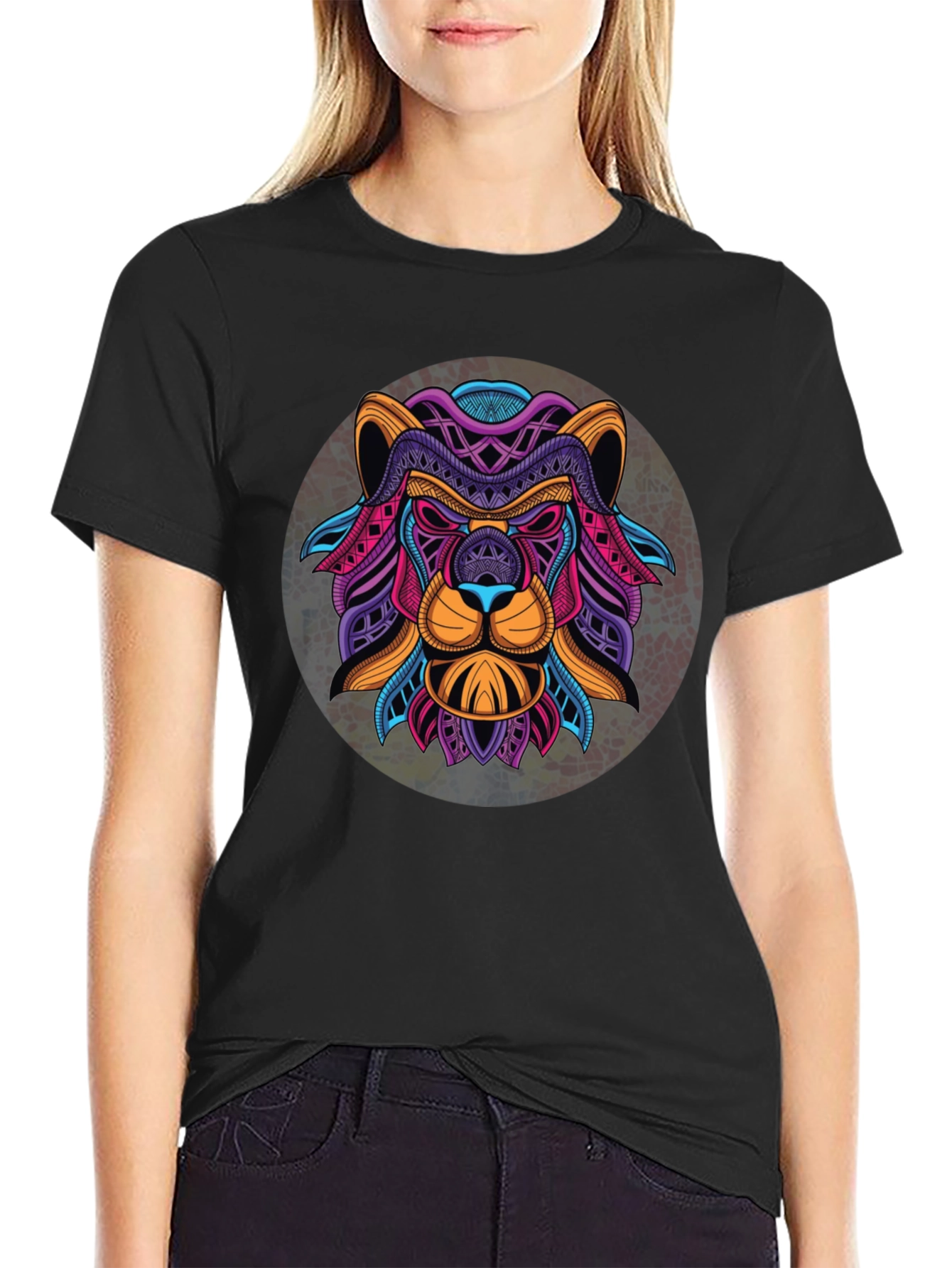 Black Geometric Lion Graphic Black T-Shirt view 2