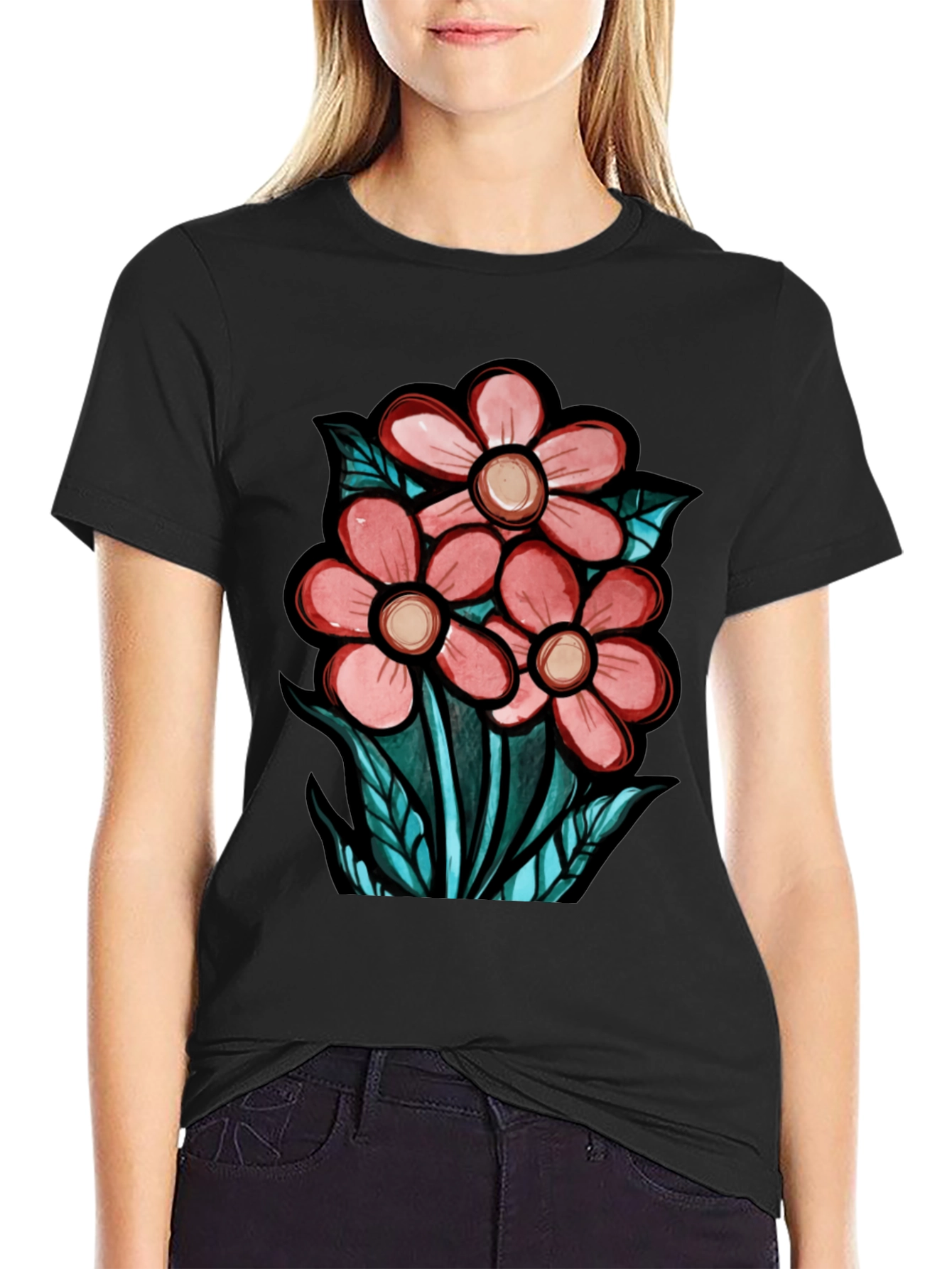 Black Floral Graphic T-Shirt - Unique Design view 2
