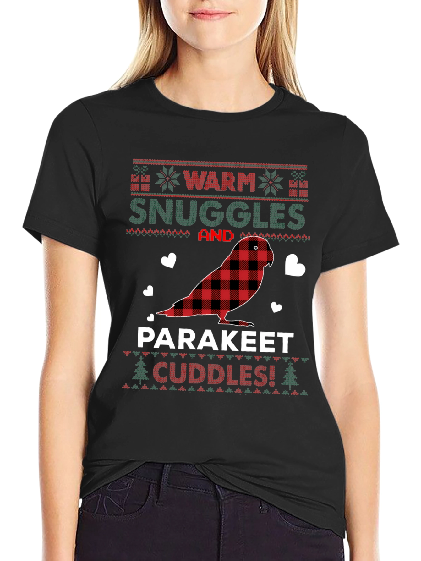 Black Parakeet Cuddles Christmas T-Shirt view 2