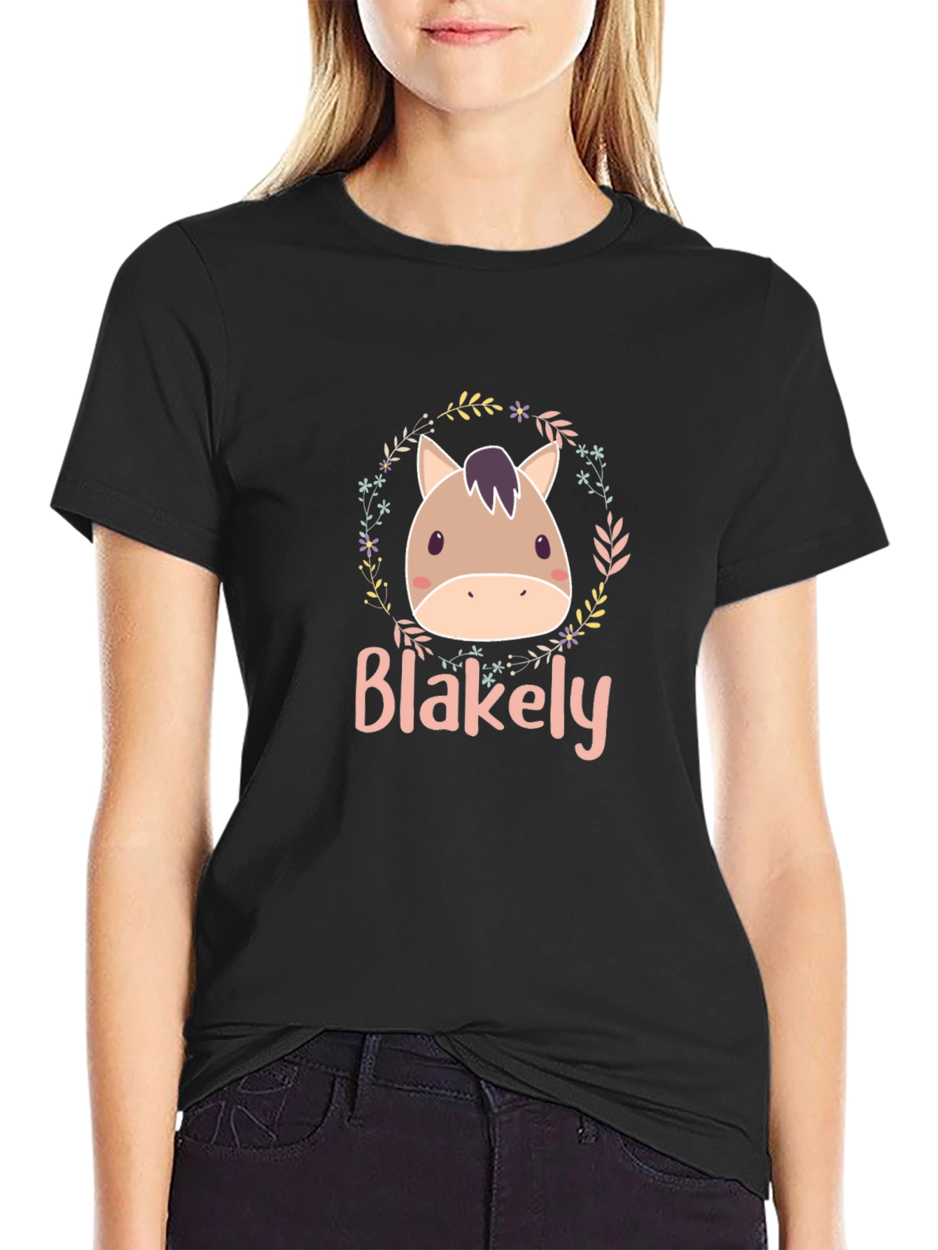 Black Cute Horse Blakely Personalized Black T-Shirt view 2