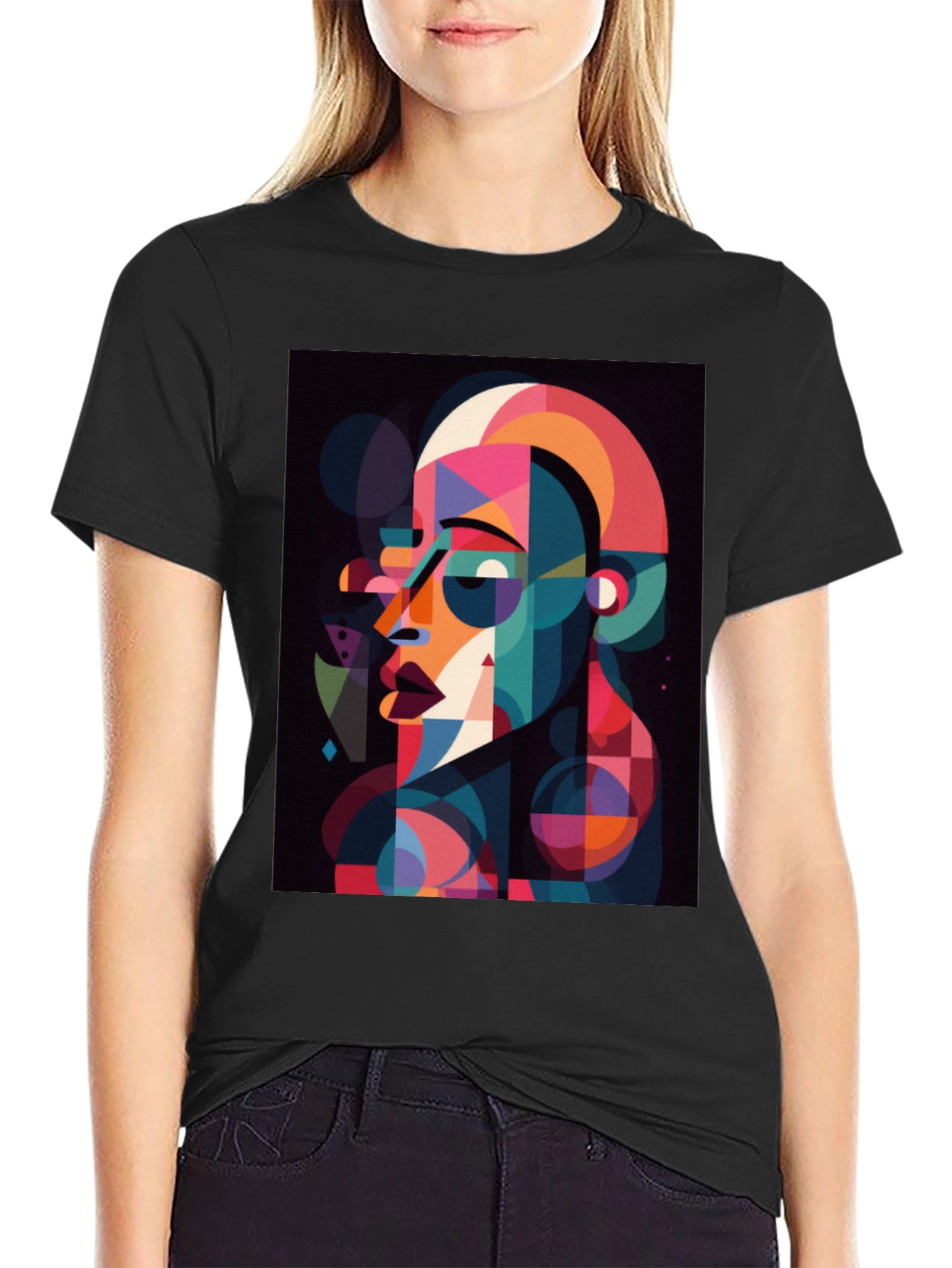 Black Abstract Geometric Face Graphic Black T-Shirt view 2