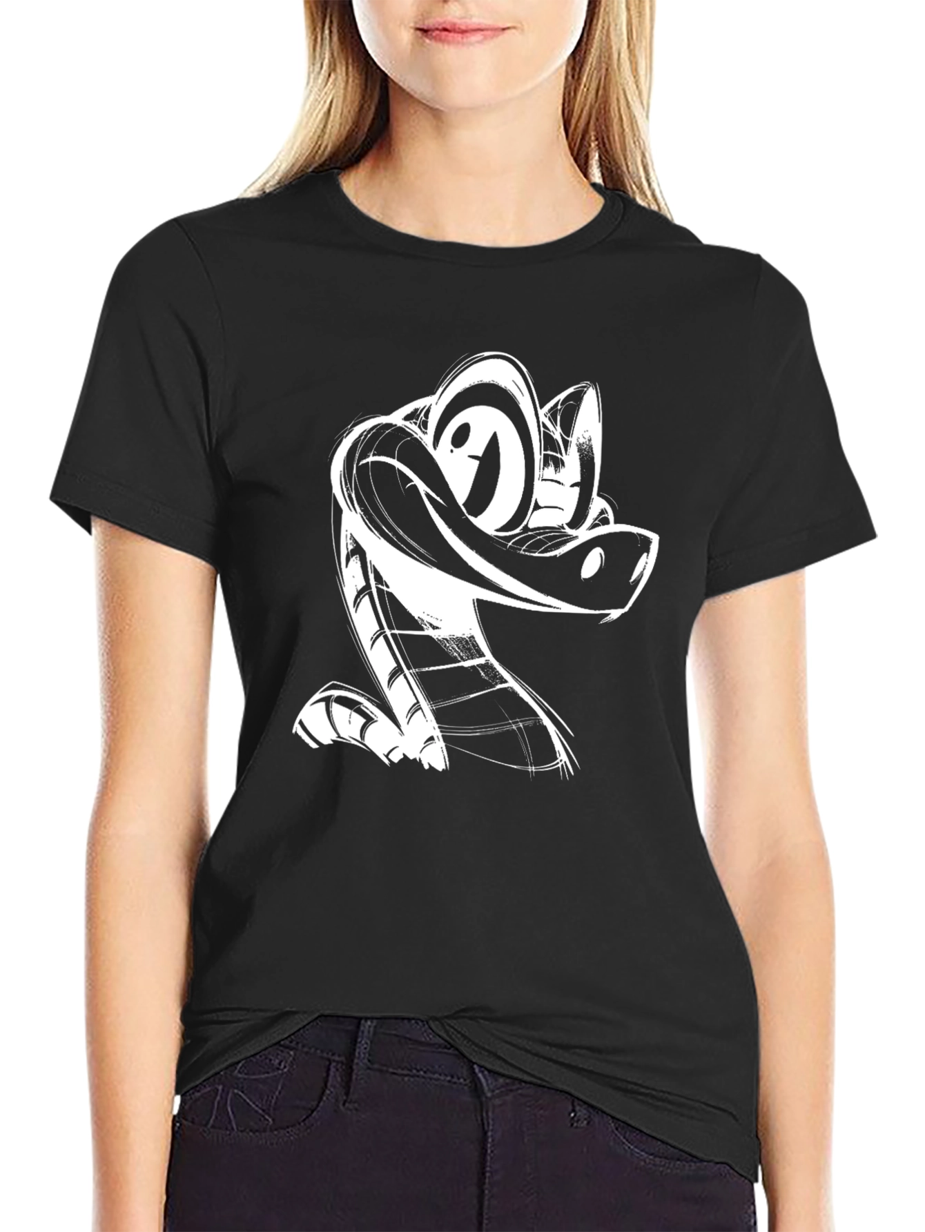 Black Cartoon Snake Graphic Tee - Black Cotton T-Shirt view 2