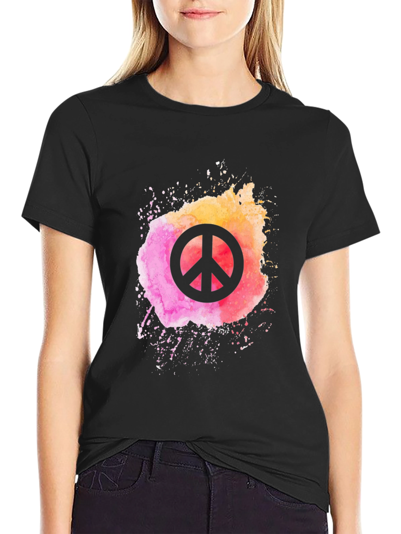Black Peace Sign Watercolor Graphic Tee - Black view 2