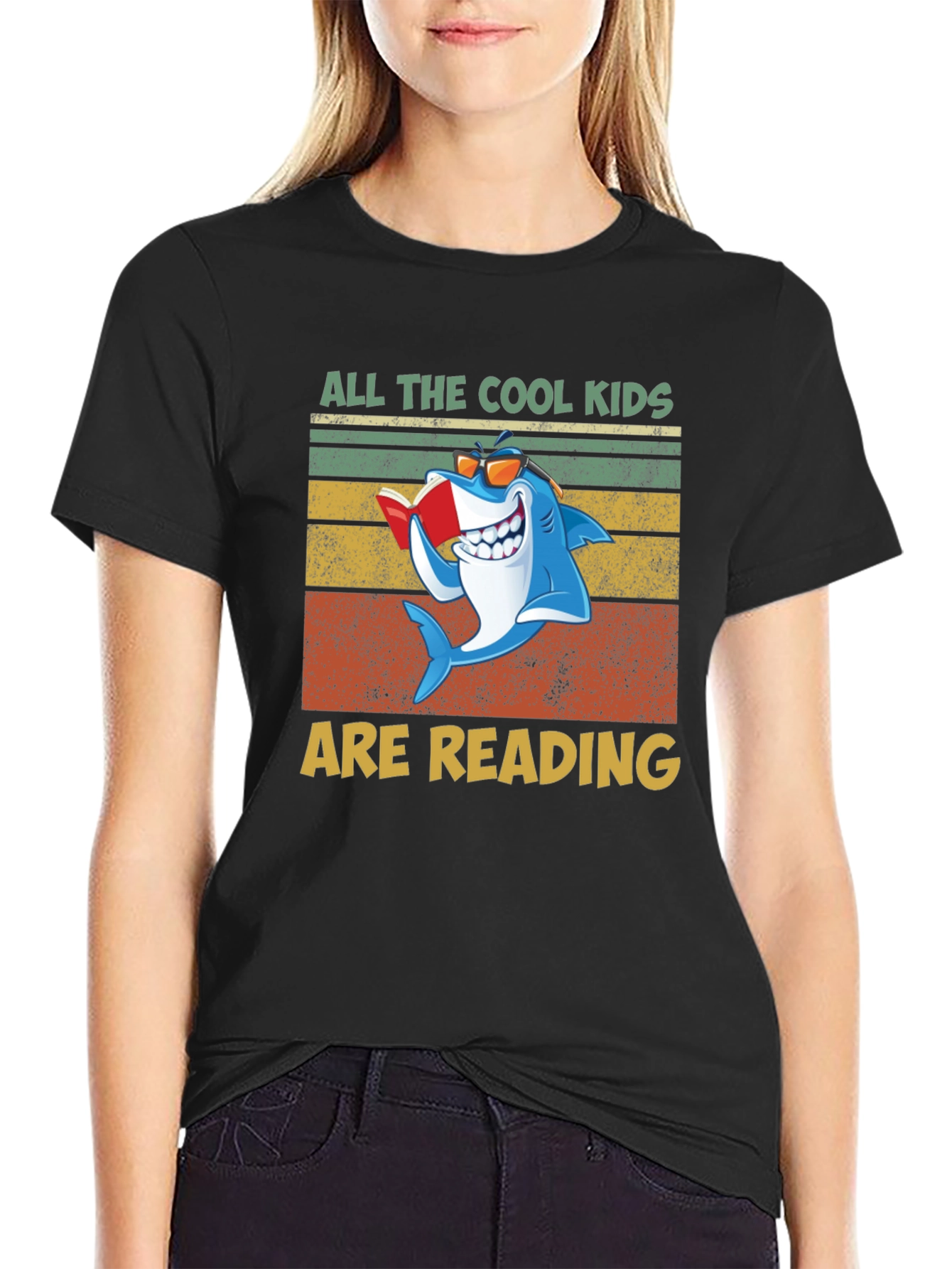 Black Cool Kids Reading Shark Graphic T-Shirt view 2