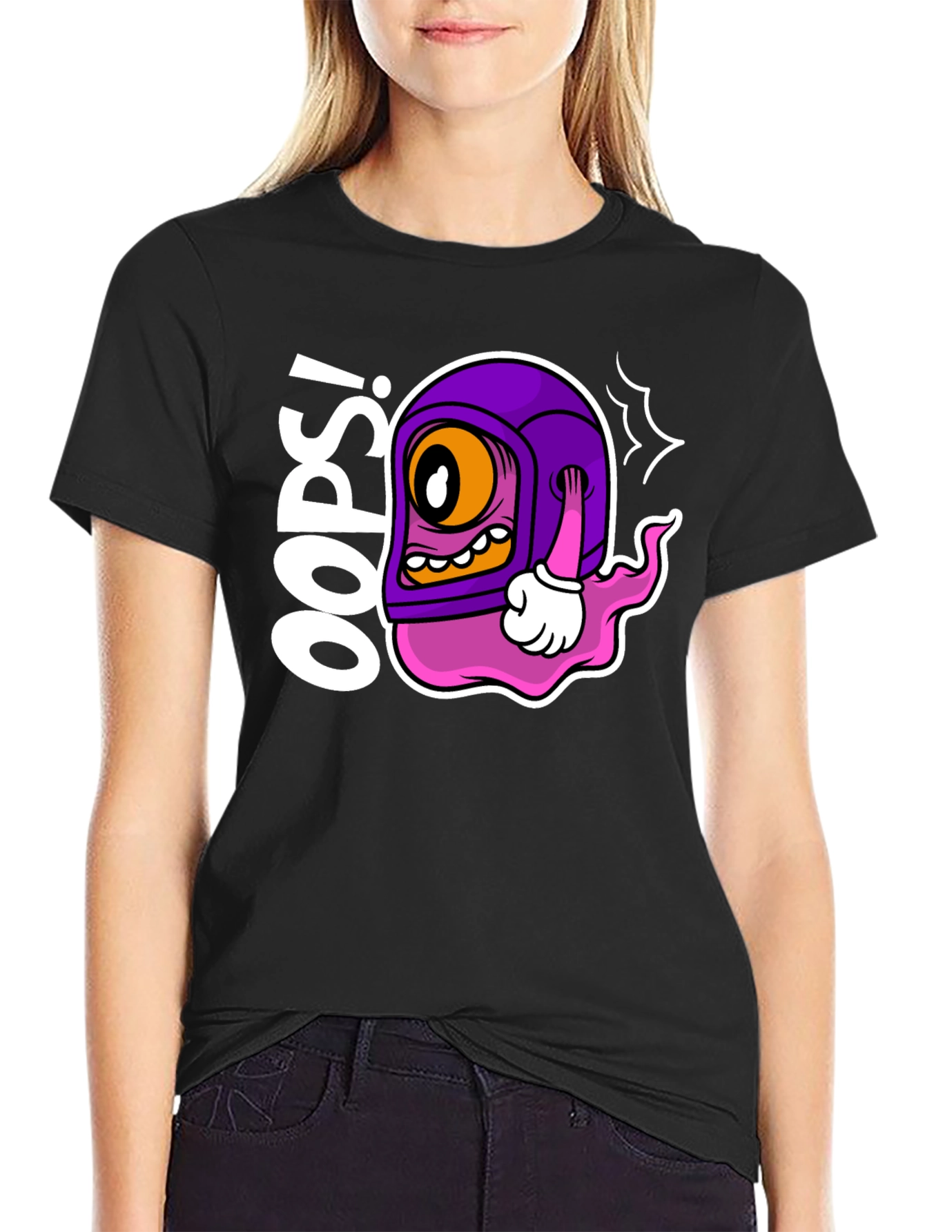 Black Oops! Cartoon Character Black T-Shirt view 2